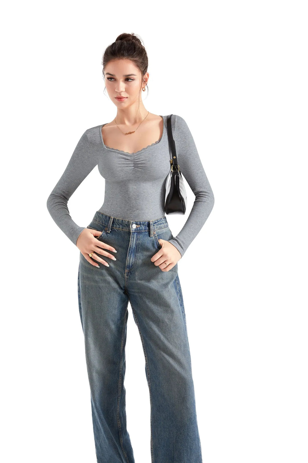 Ribbed Lace V Neck Shirt - Long Sleeve