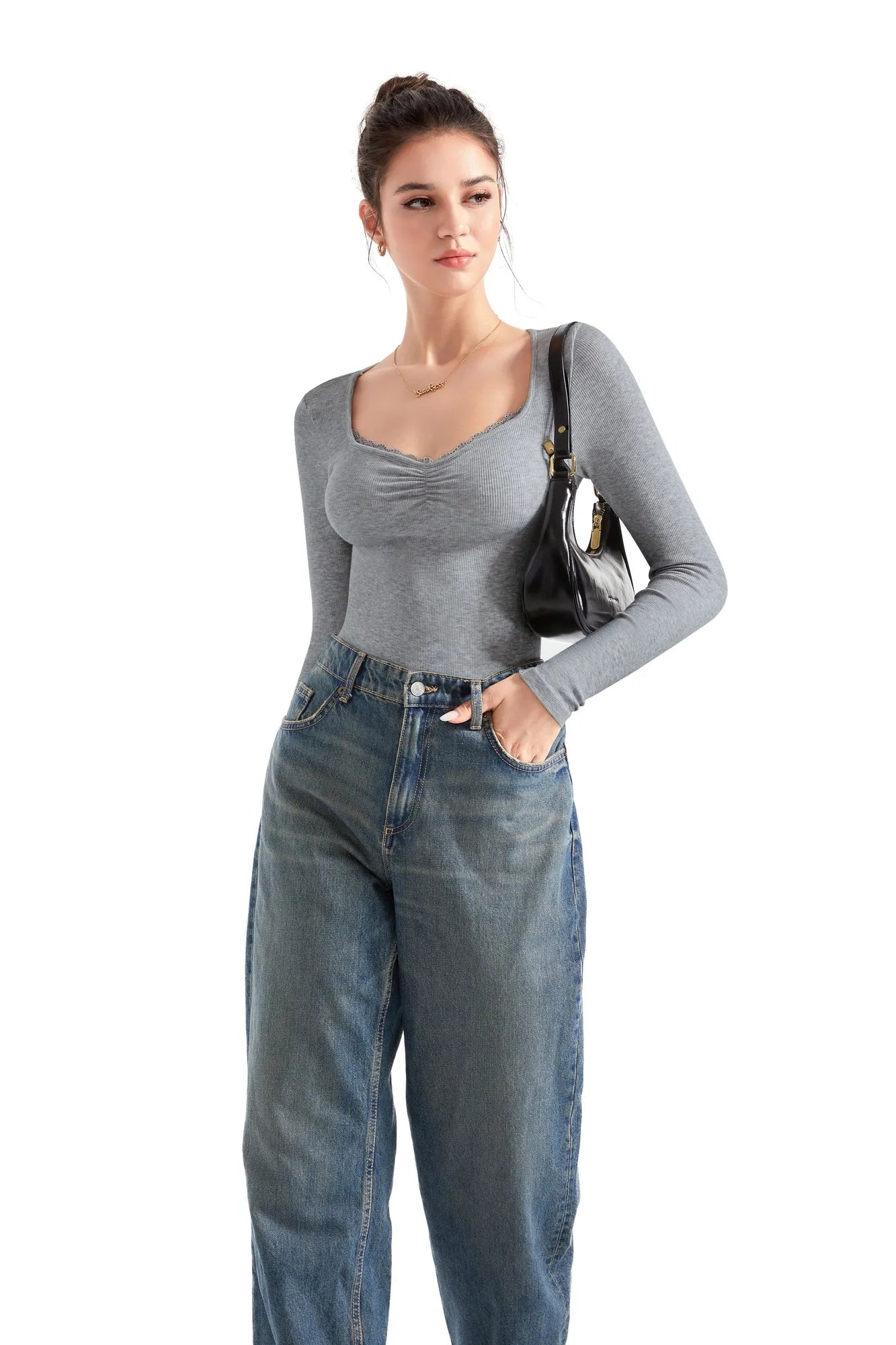 Ribbed Lace V Neck Shirt - Long Sleeve