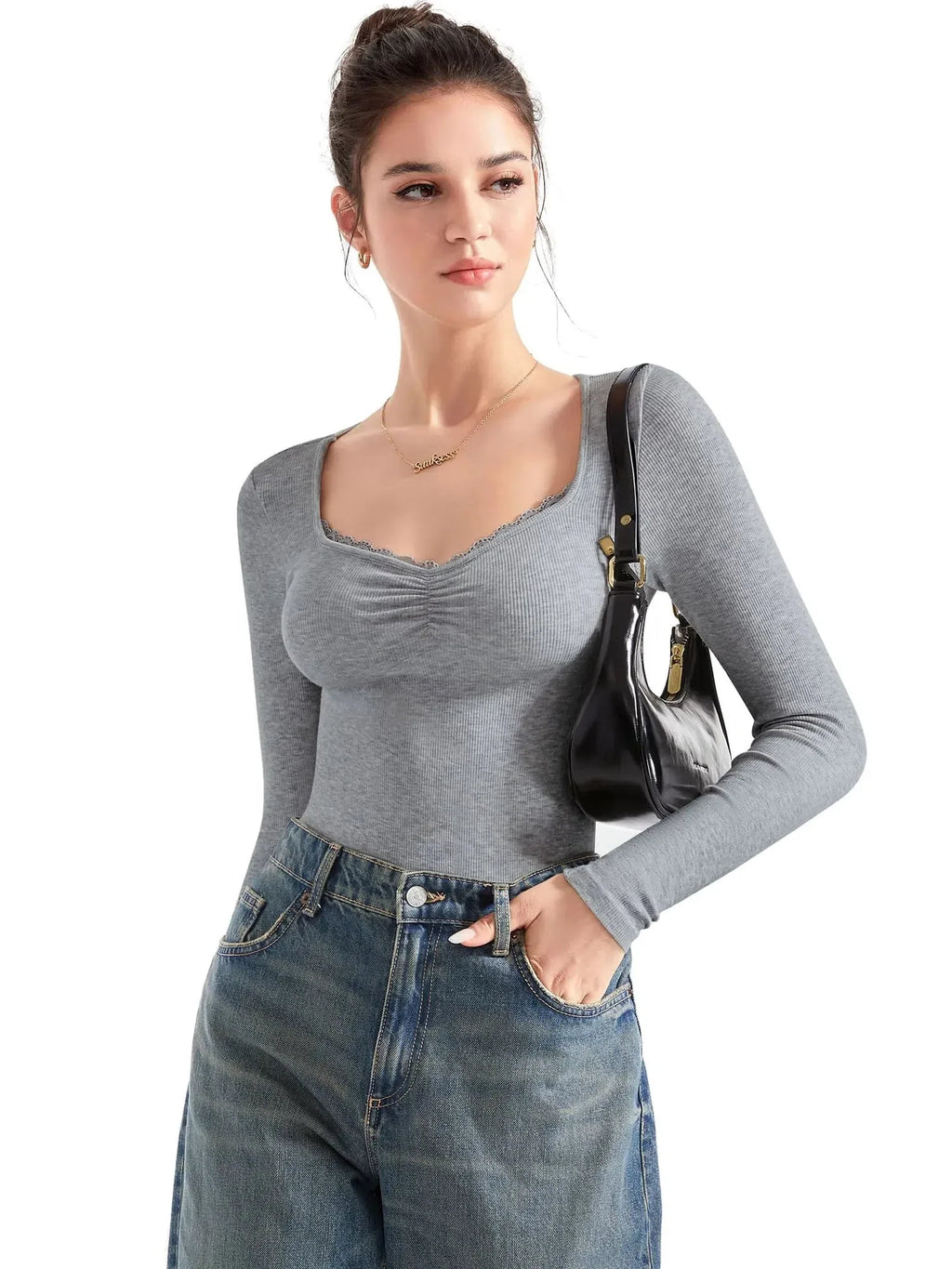 Ribbed Lace V Neck Shirt - Long Sleeve