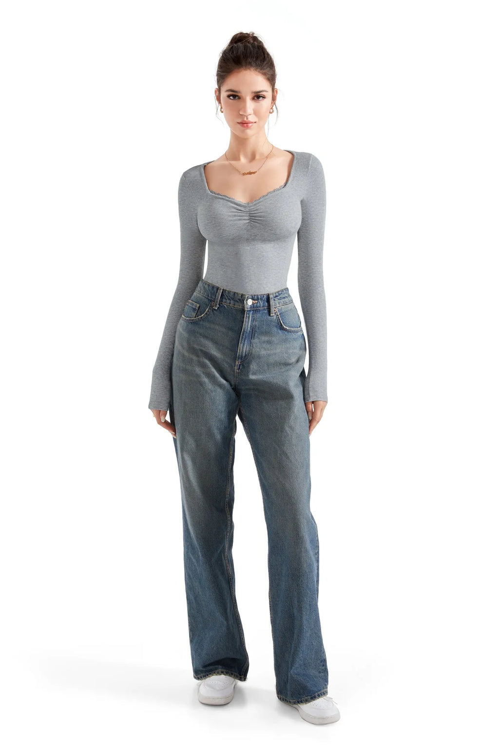 Ribbed Lace V Neck Shirt - Long Sleeve