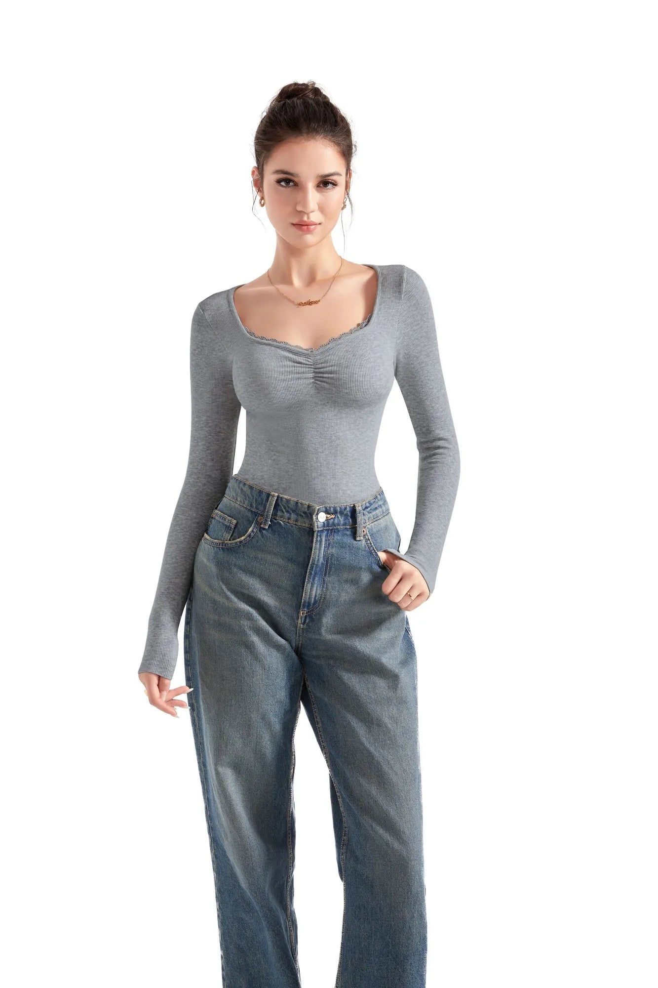 Ribbed Lace V Neck Shirt - Long Sleeve