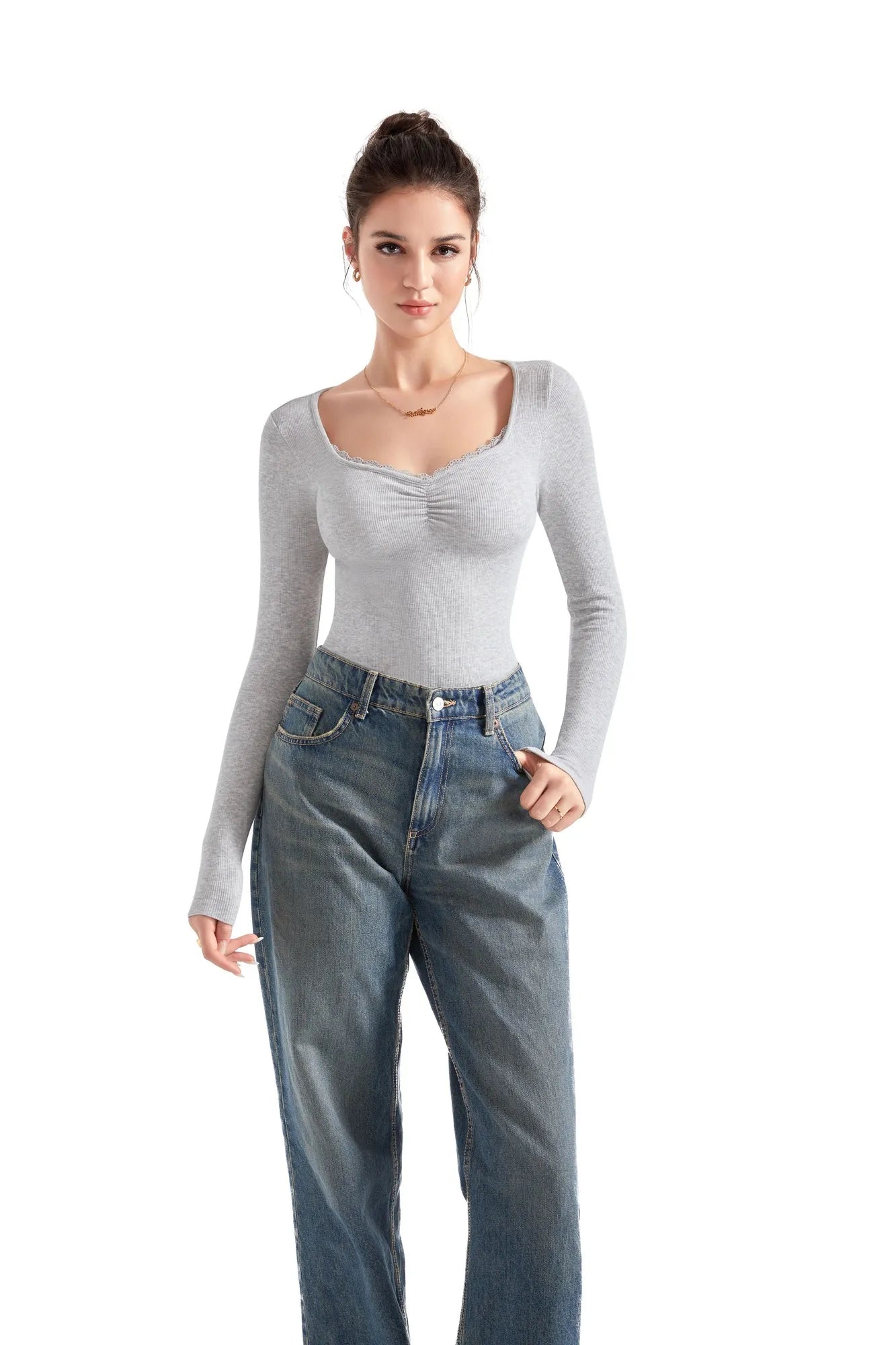 Ribbed Lace V Neck Shirt - Long Sleeve