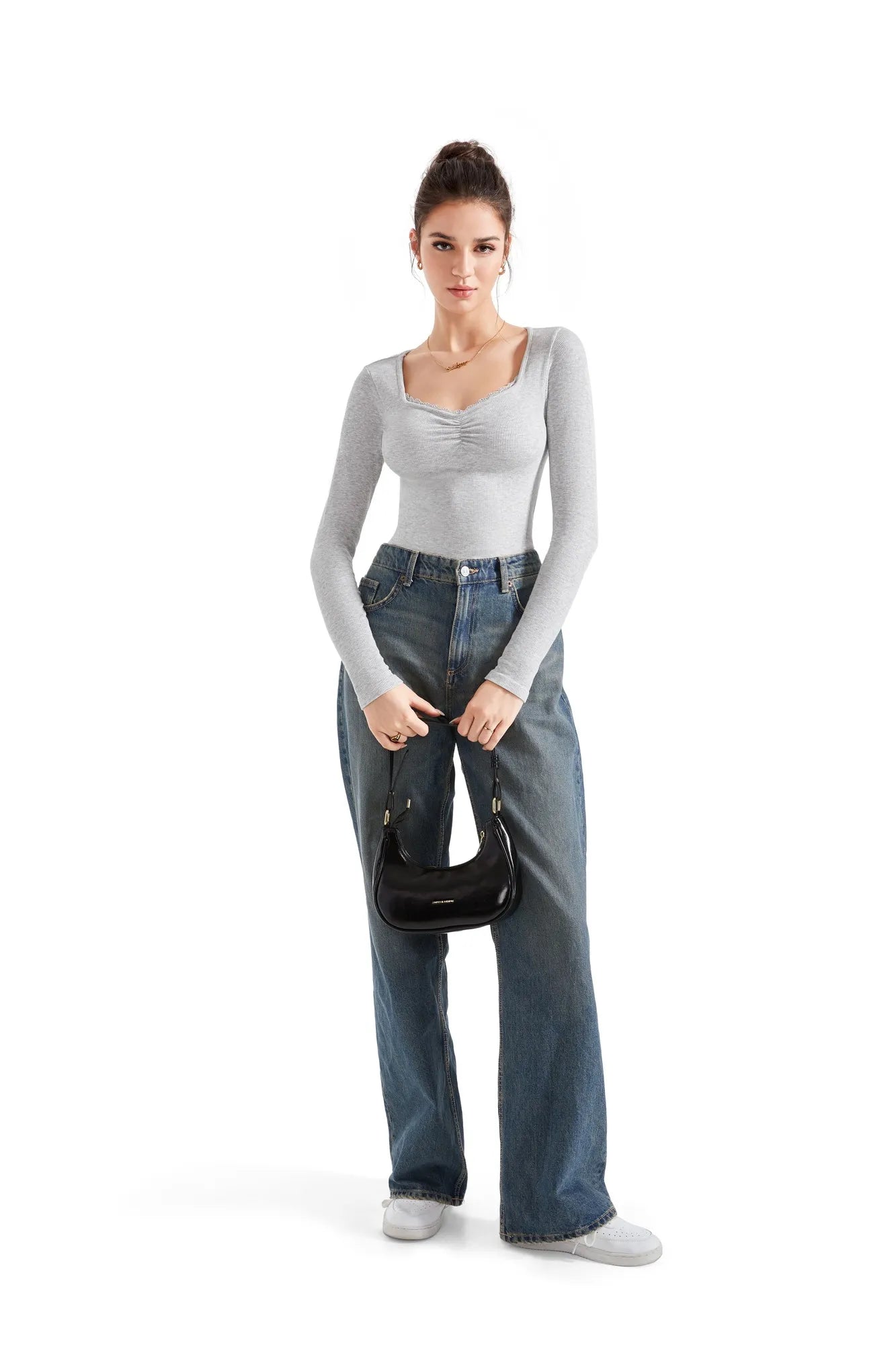 Ribbed Lace V Neck Shirt - Long Sleeve