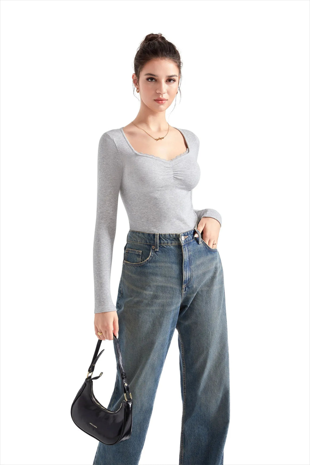 Ribbed Lace V Neck Shirt - Long Sleeve