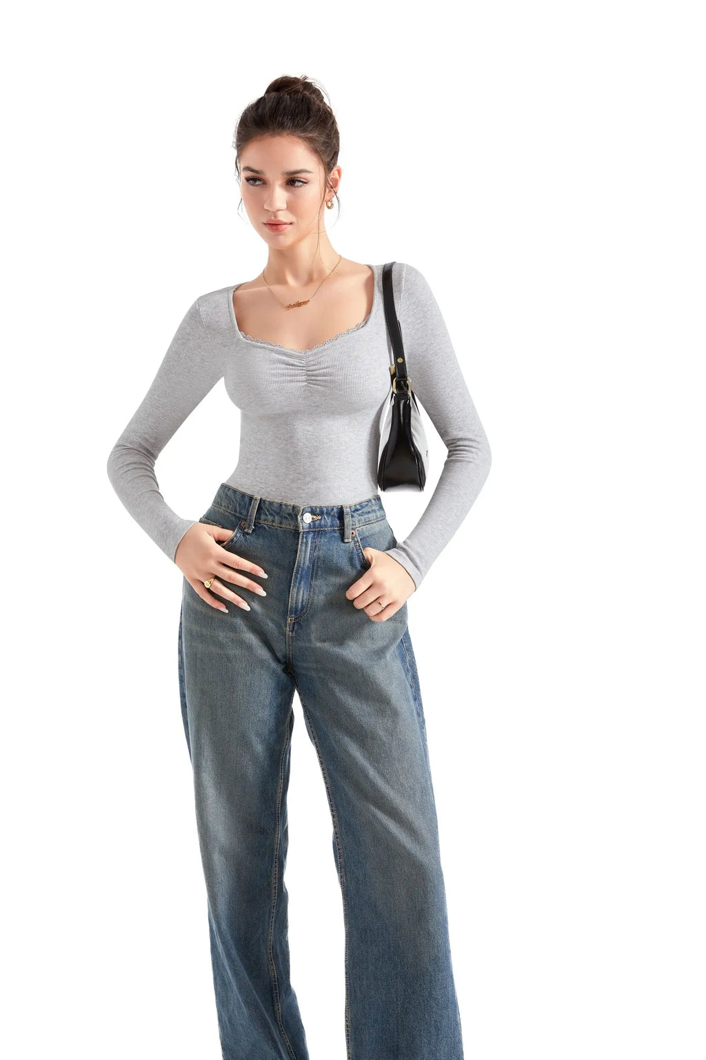 Ribbed Lace V Neck Shirt - Long Sleeve