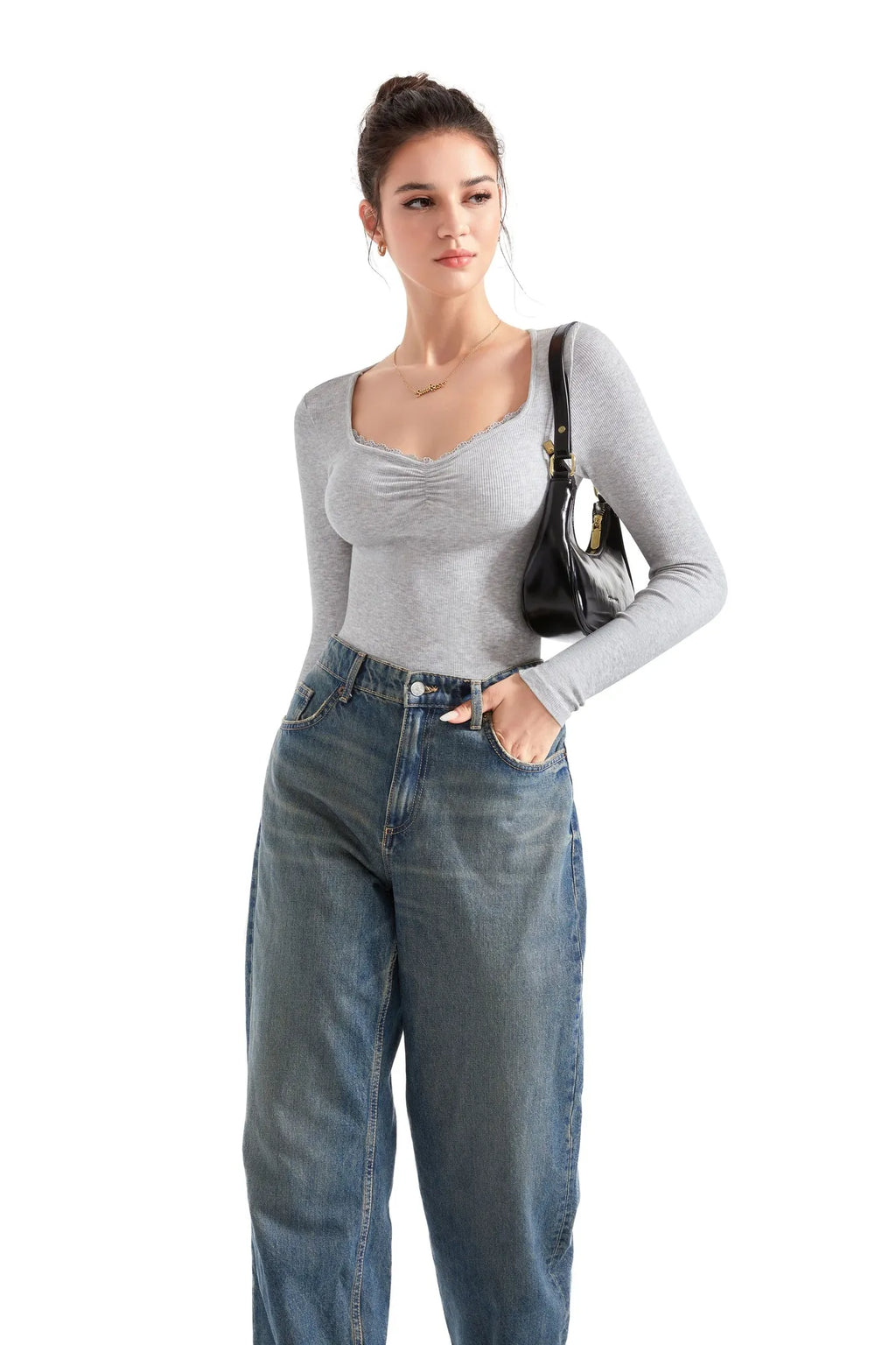 Ribbed Lace V Neck Shirt - Long Sleeve