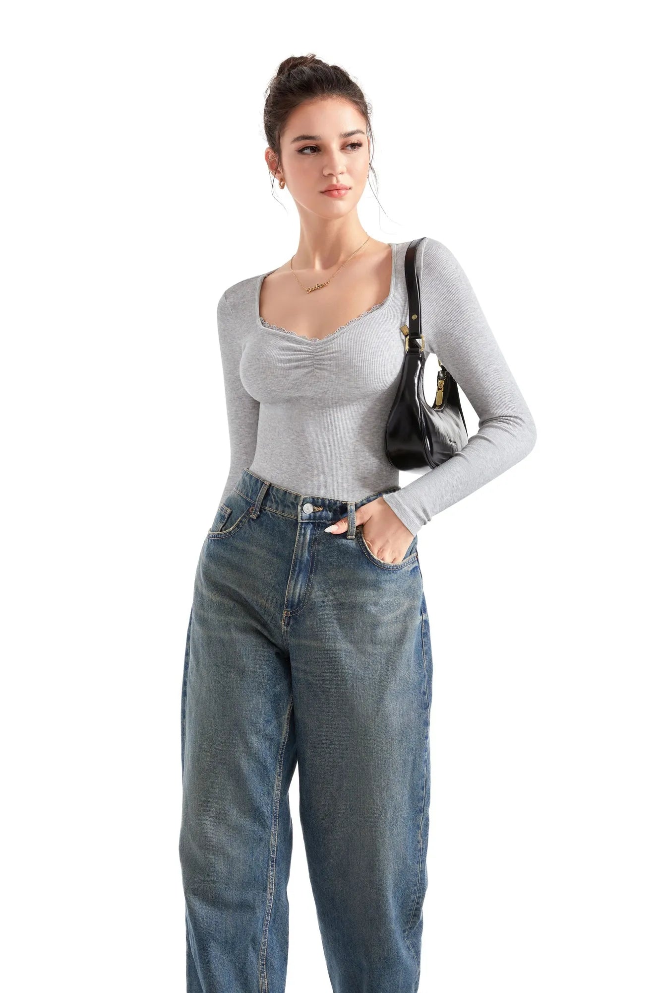 Ribbed Lace V Neck Shirt - Long Sleeve