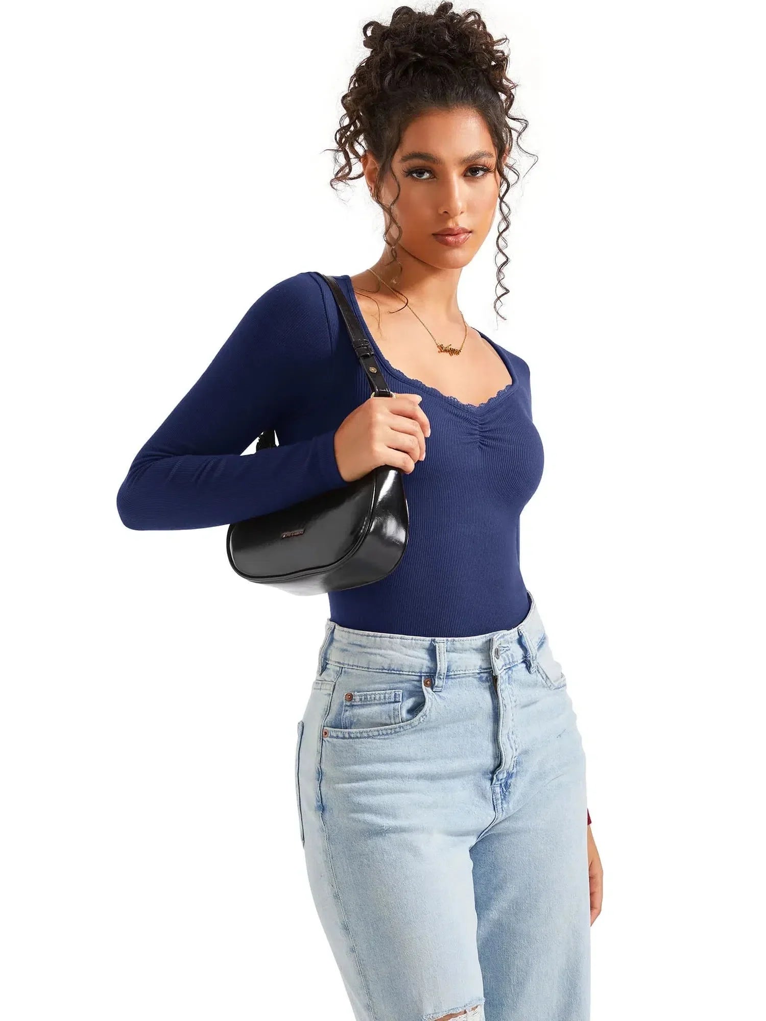 Ribbed Lace V Neck Shirt - Long Sleeve