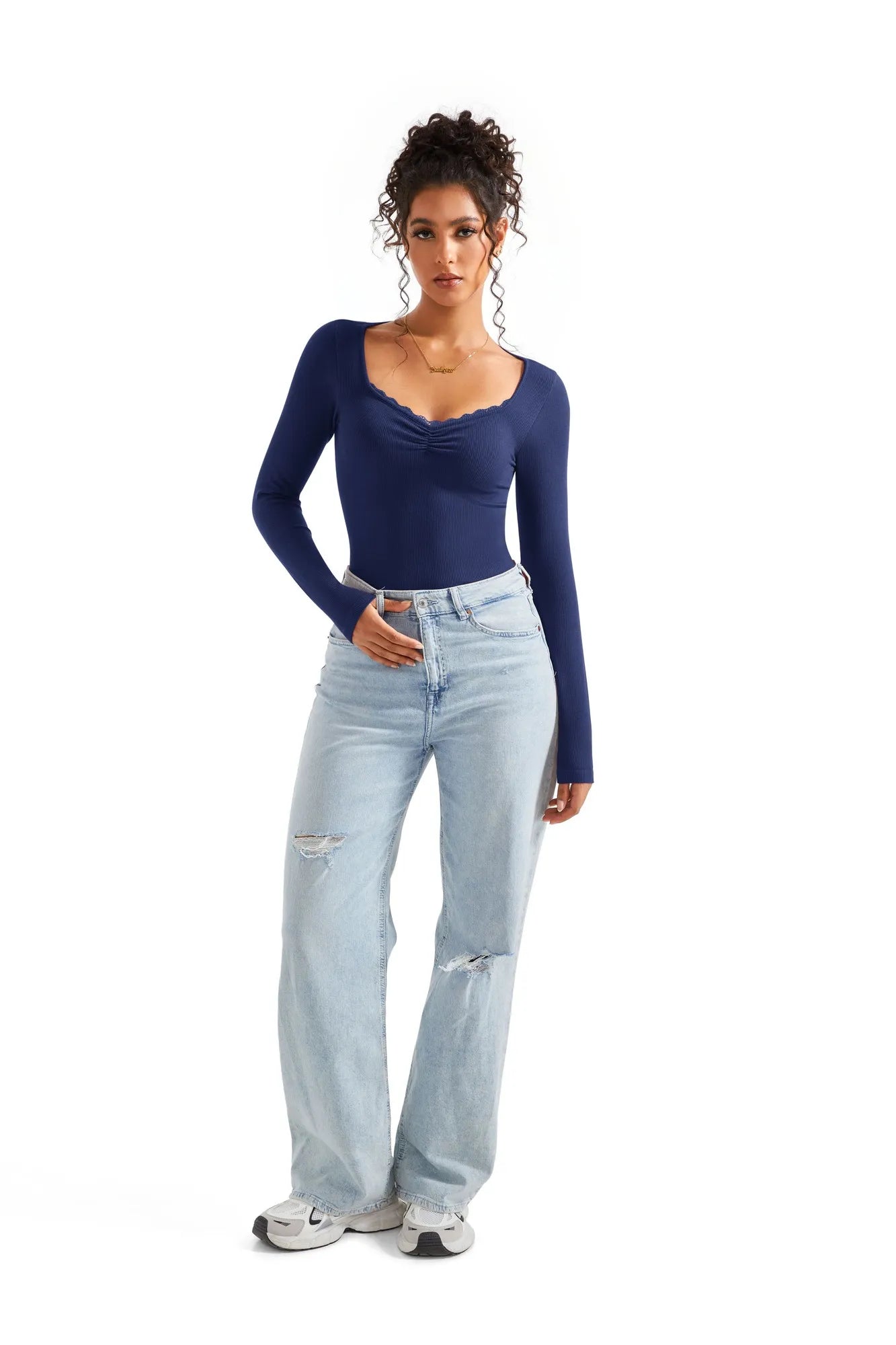 Ribbed Lace V Neck Shirt - Long Sleeve