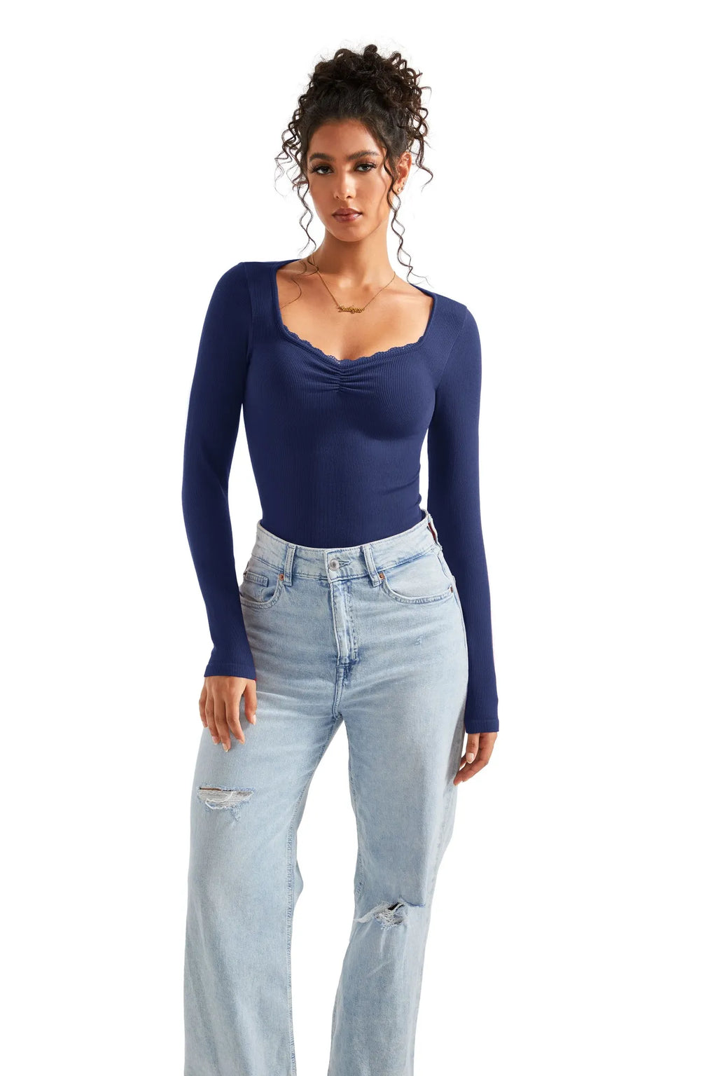Ribbed Lace V Neck Shirt - Long Sleeve