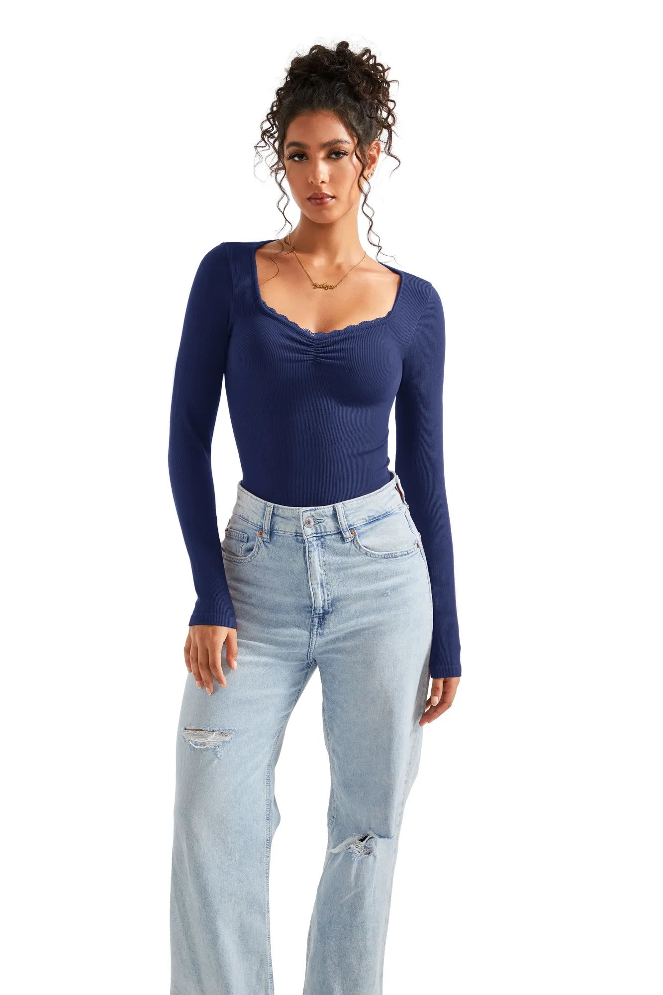 Ribbed Lace V Neck Shirt - Long Sleeve