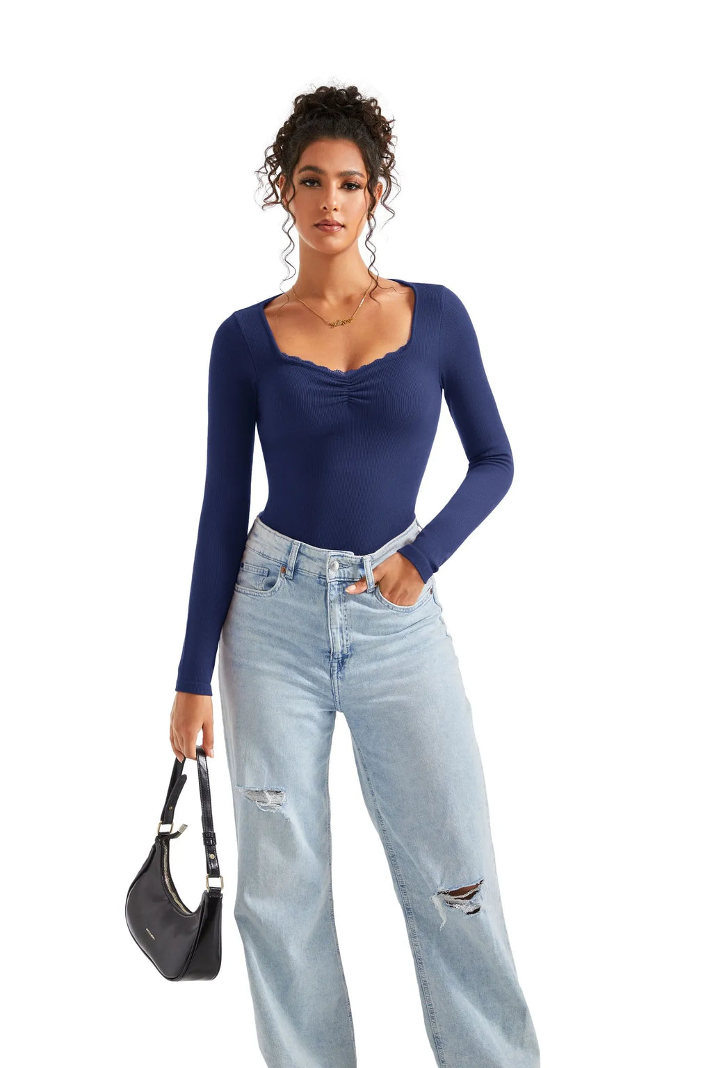 Ribbed Lace V Neck Shirt - Long Sleeve