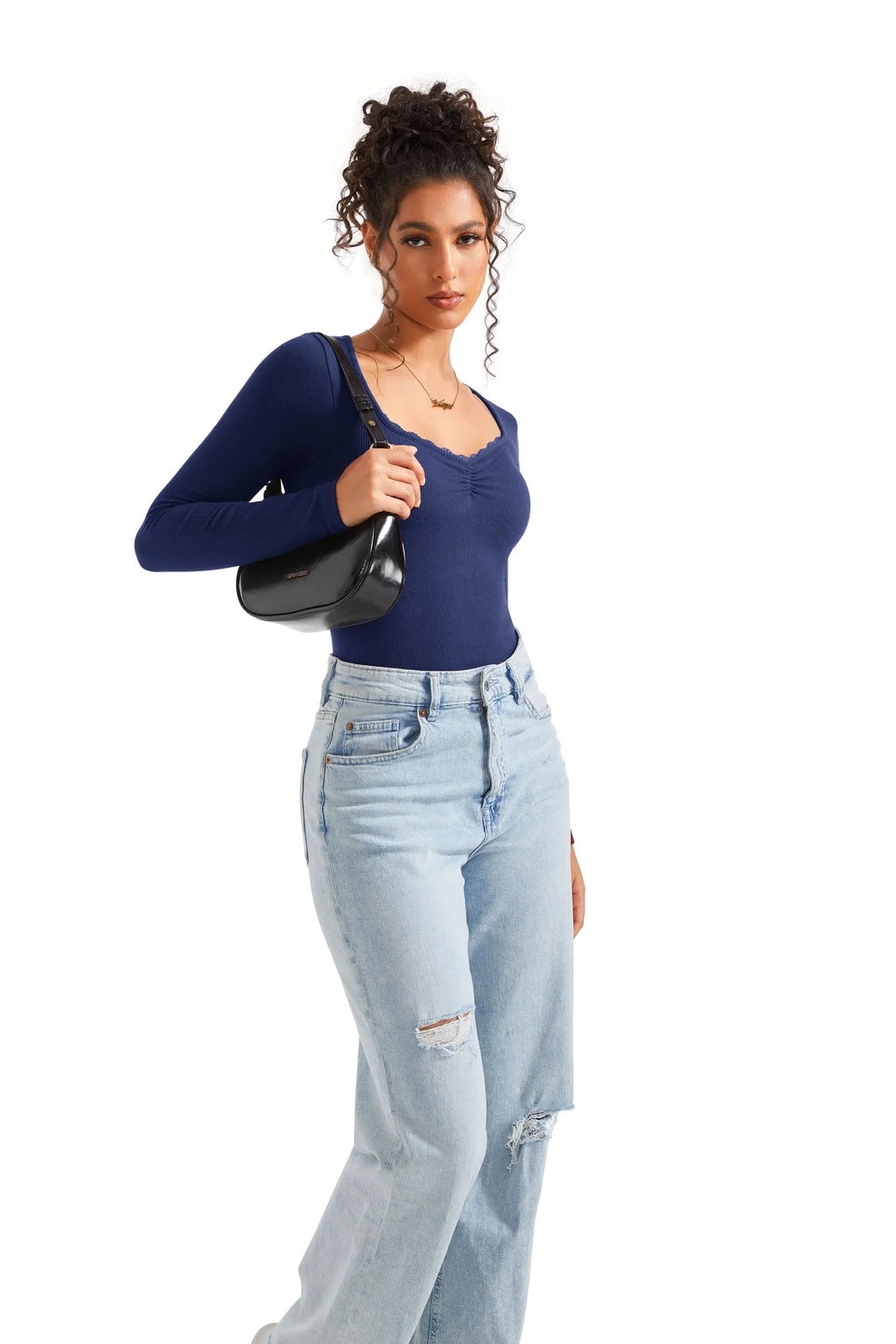 Ribbed Lace V Neck Shirt - Long Sleeve