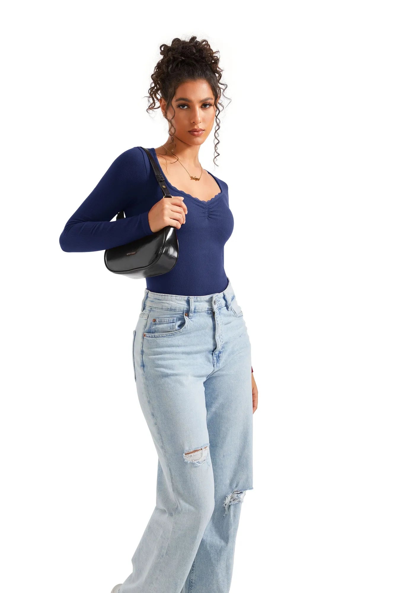 Ribbed Lace V Neck Shirt - Long Sleeve