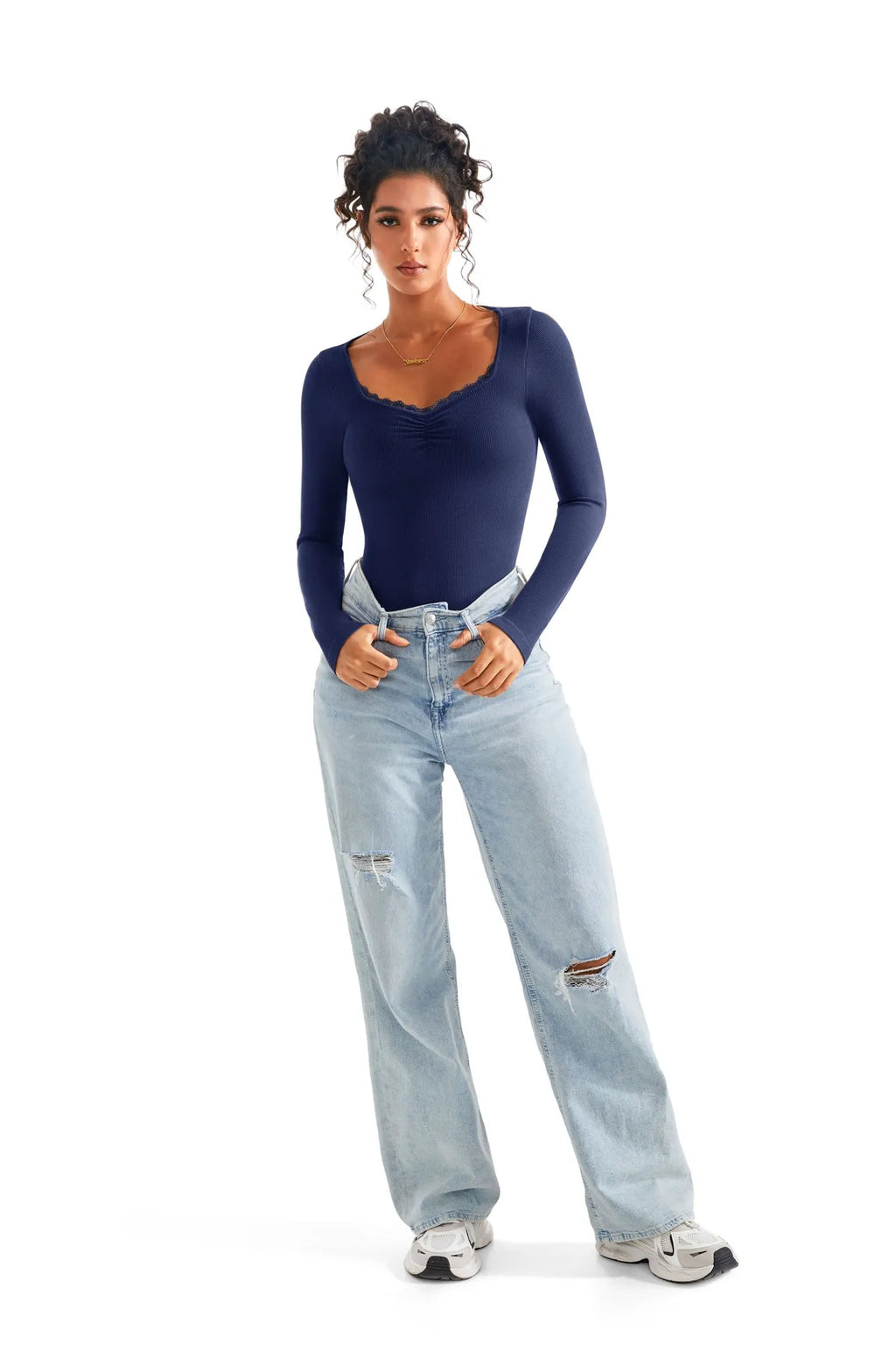 Ribbed Lace V Neck Shirt - Long Sleeve