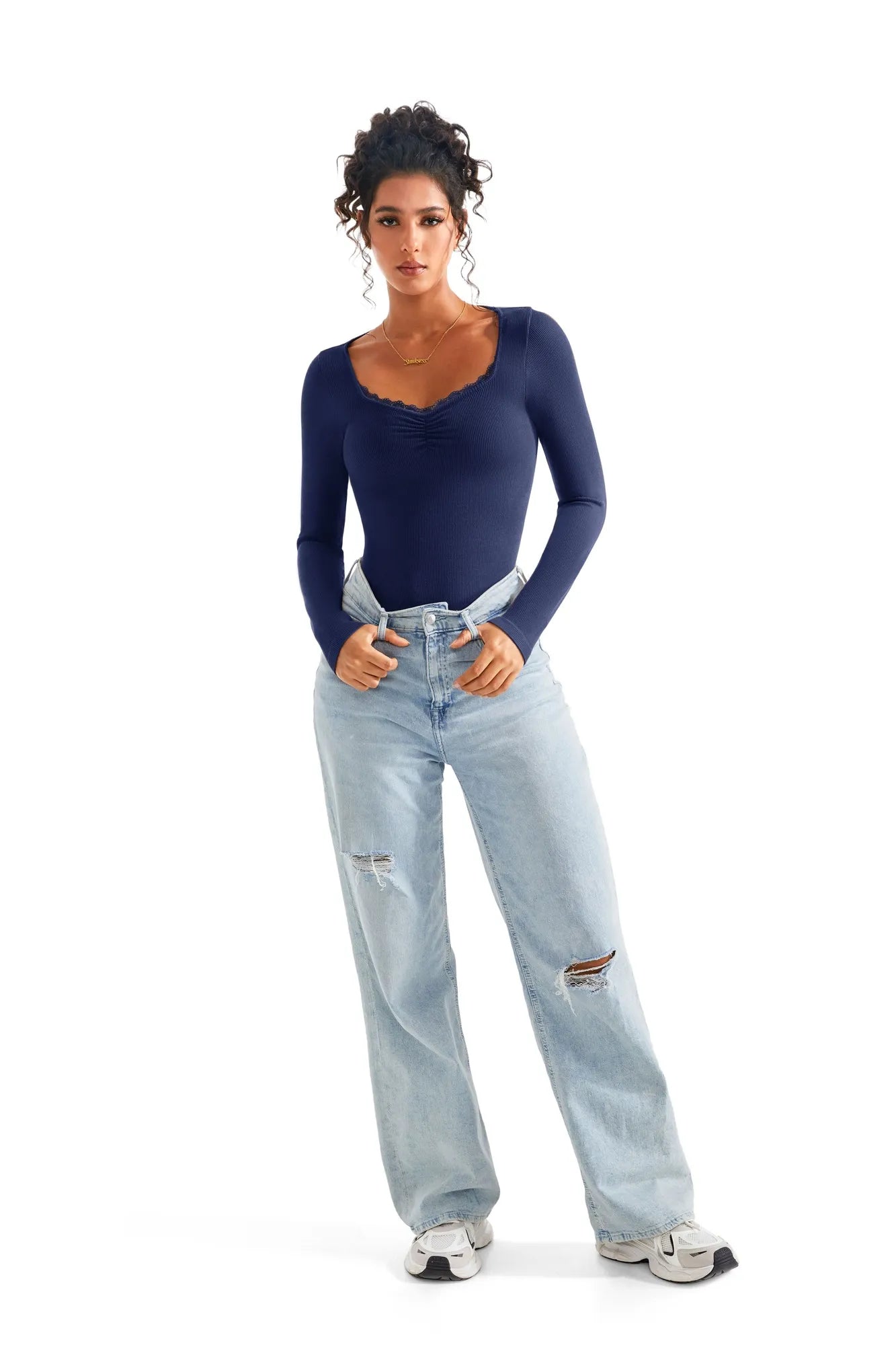 Ribbed Lace V Neck Shirt - Long Sleeve