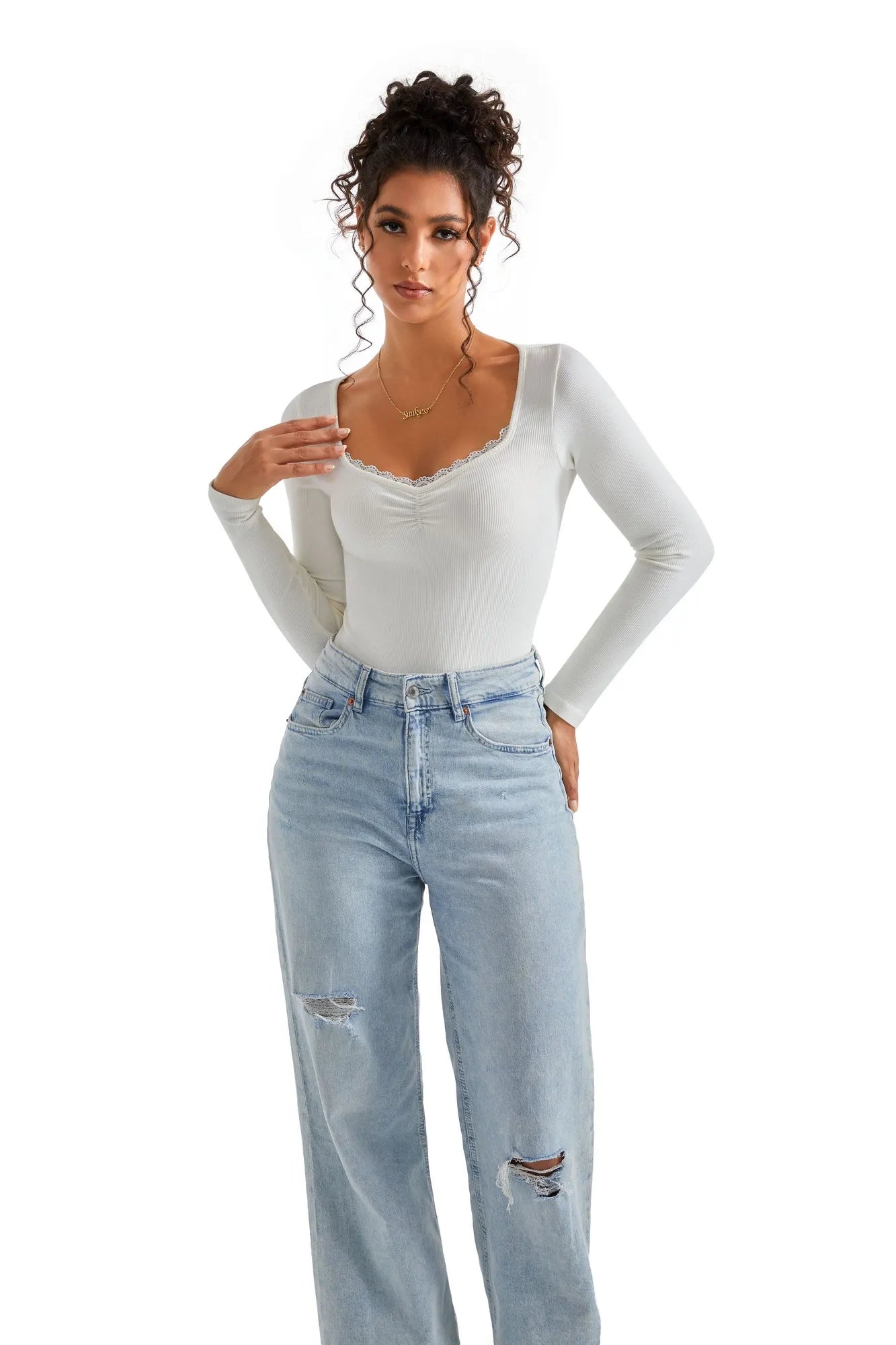 Ribbed Lace V Neck Shirt - Long Sleeve