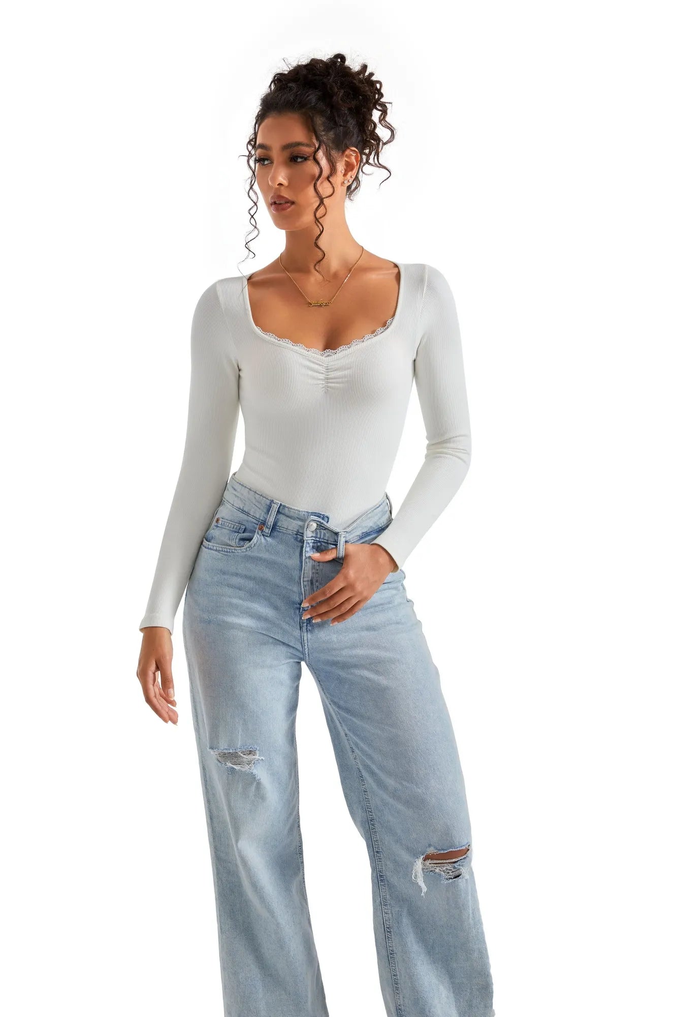 Ribbed Lace V Neck Shirt - Long Sleeve