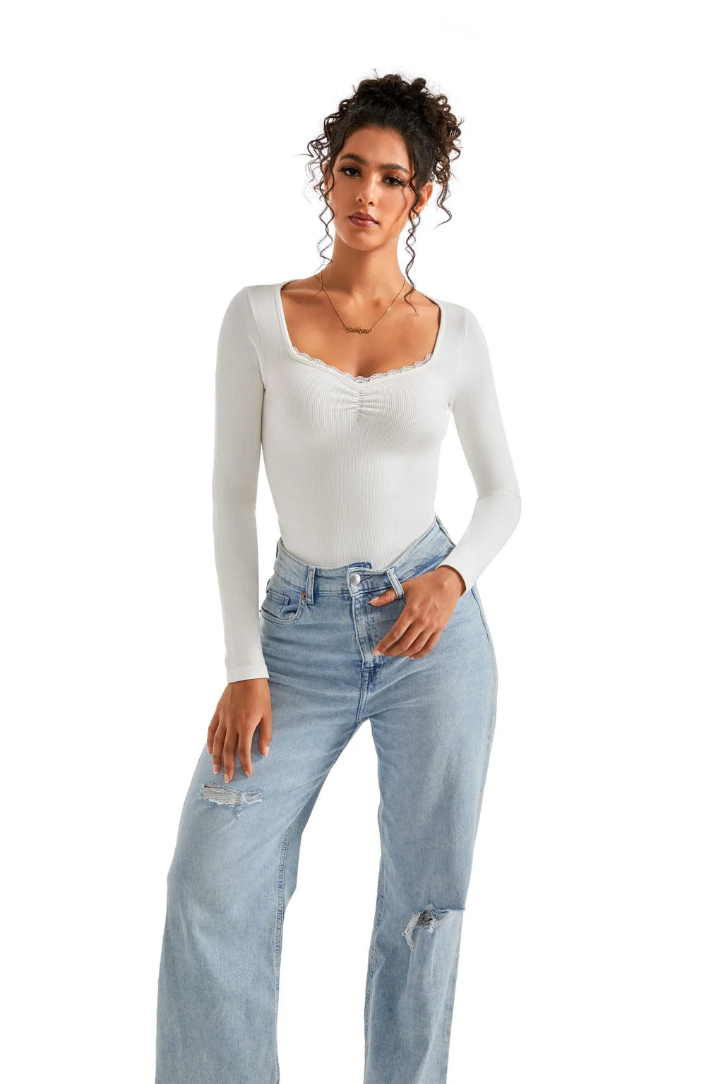 Ribbed Lace V Neck Shirt - Long Sleeve
