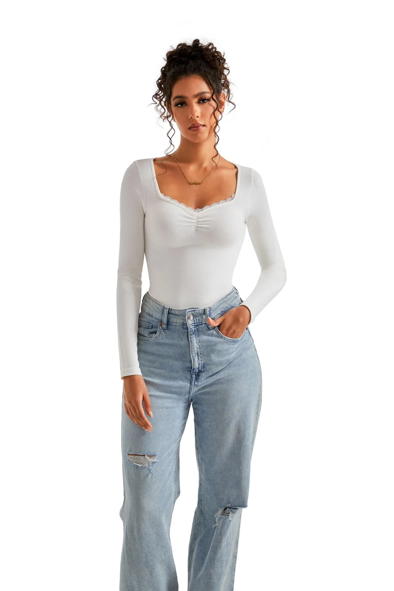 Ribbed Lace V Neck Shirt - Long Sleeve
