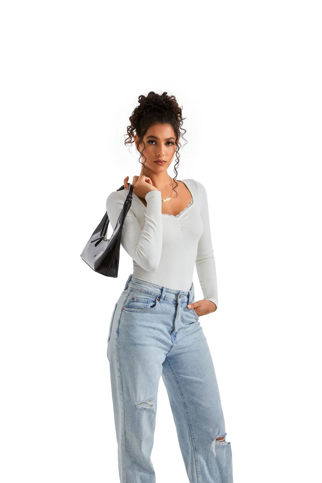 Ribbed Lace V Neck Shirt - Long Sleeve