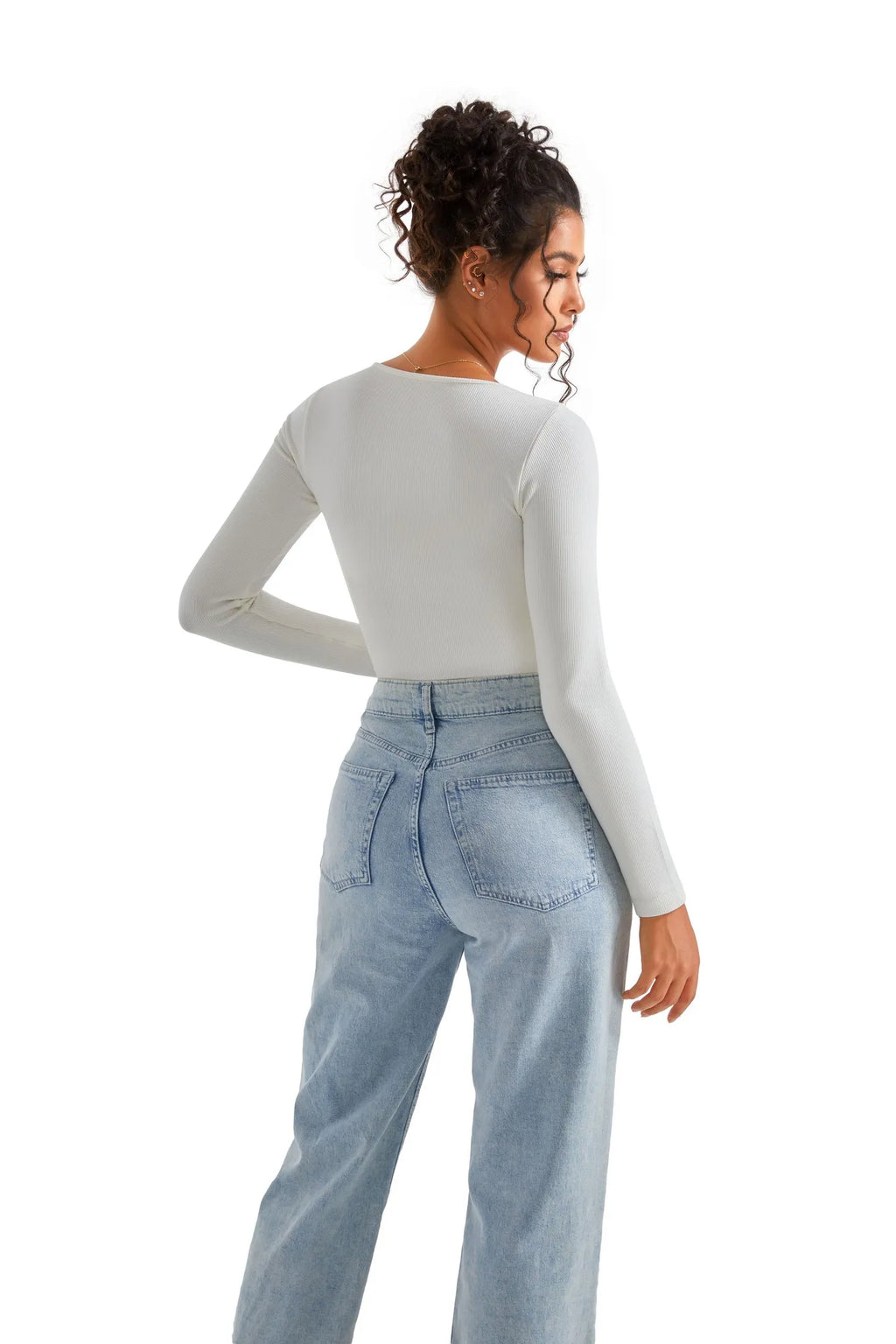 Ribbed Lace V Neck Shirt - Long Sleeve
