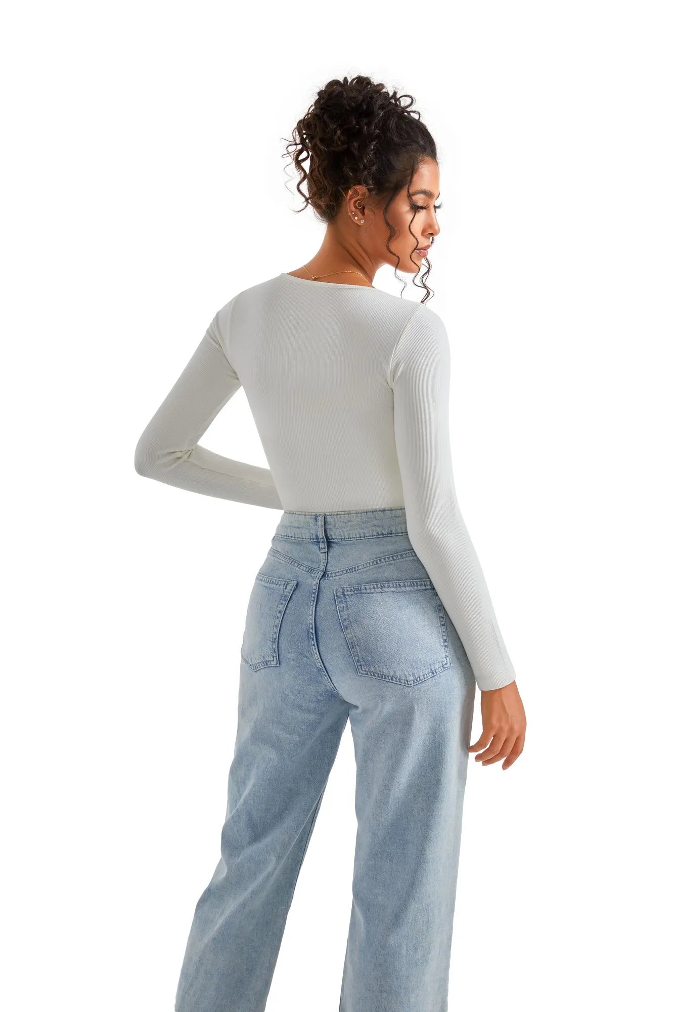 Ribbed Lace V Neck Shirt - Long Sleeve