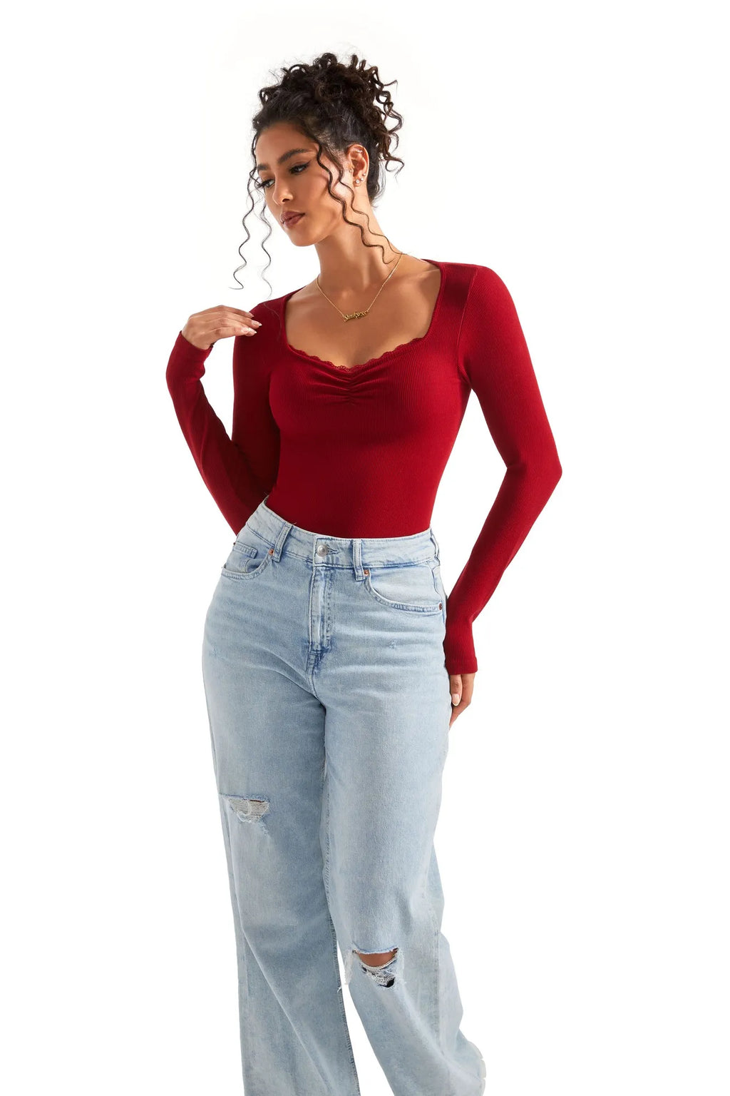 Ribbed Lace V Neck Shirt - Long Sleeve