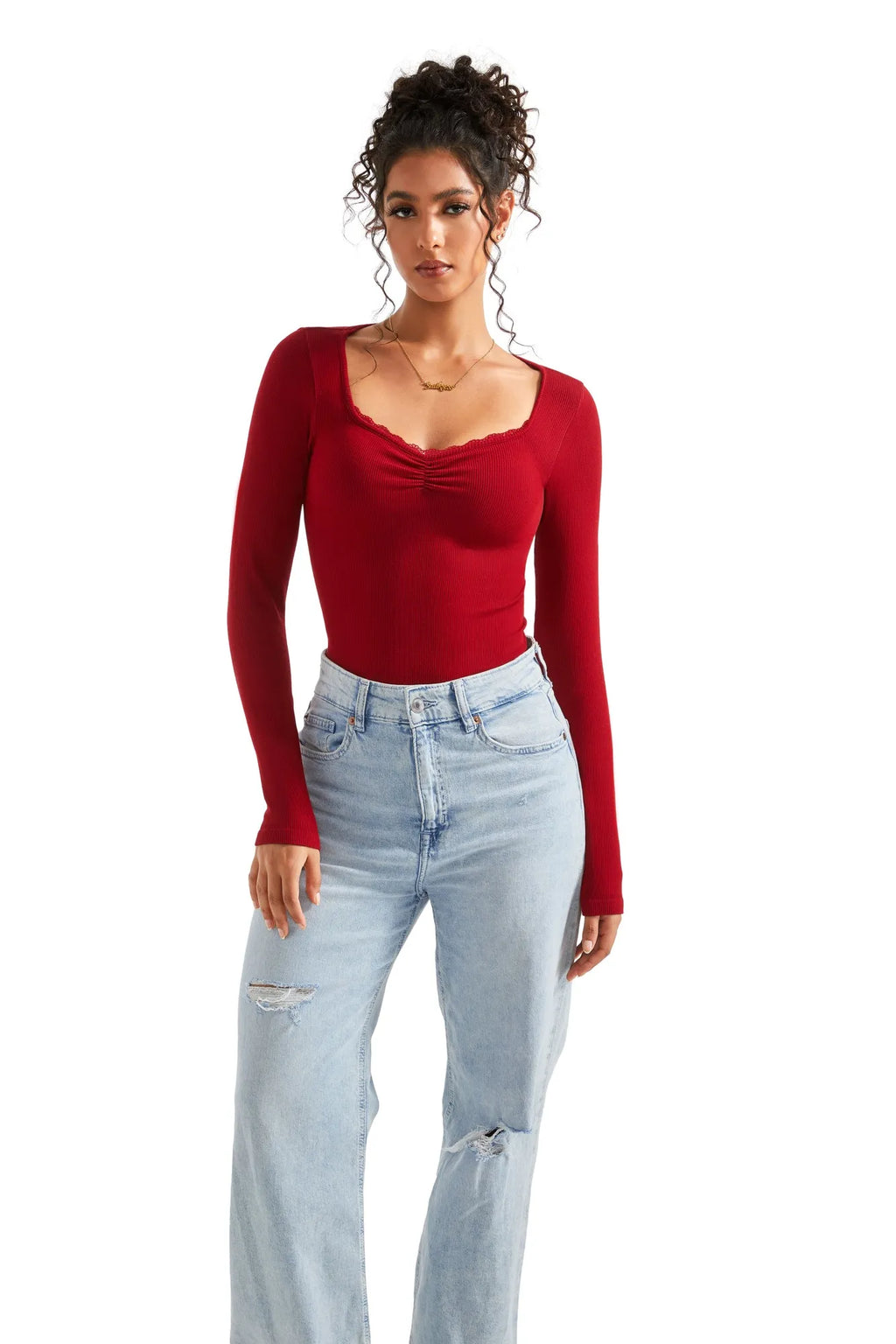 Ribbed Lace V Neck Shirt - Long Sleeve