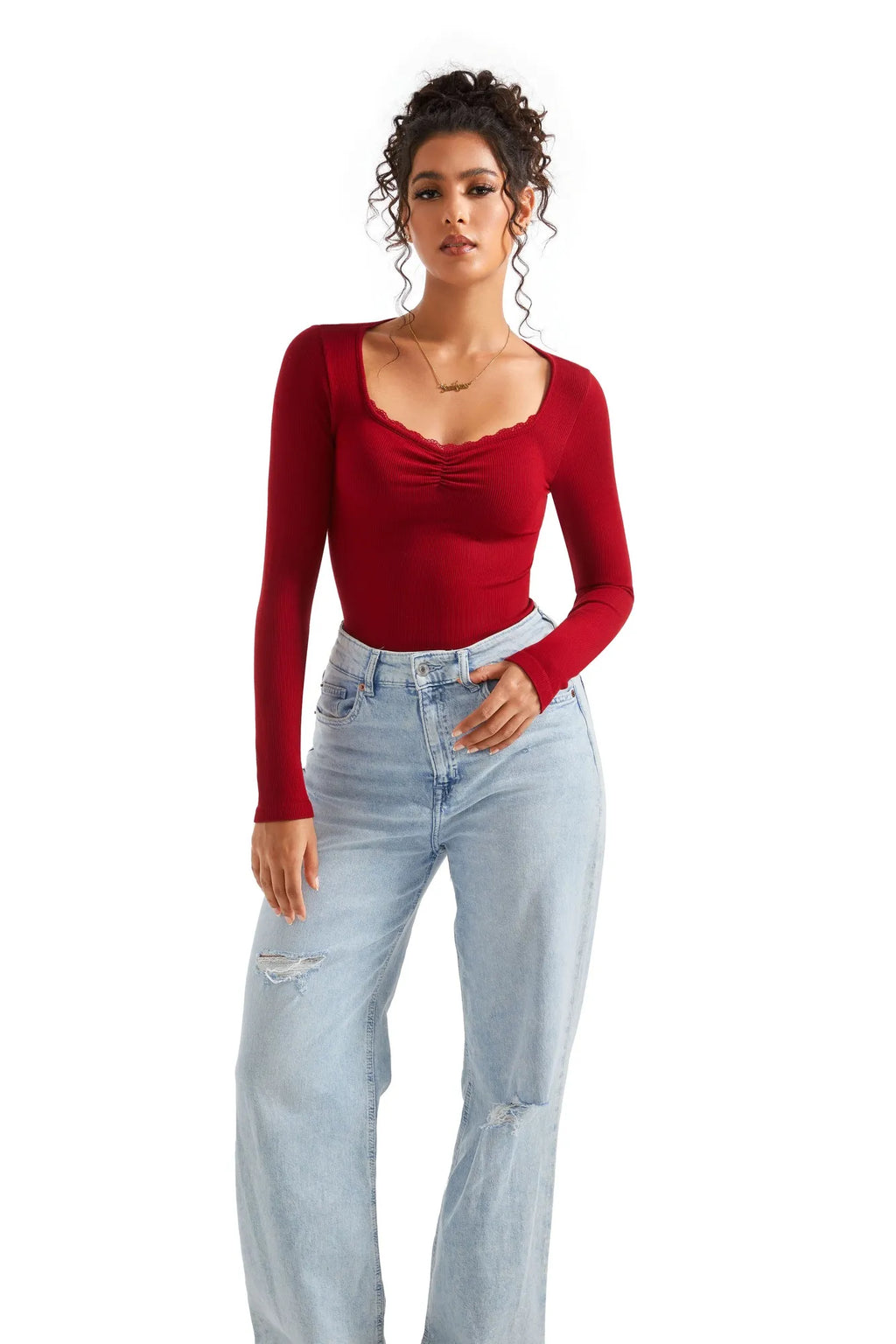 Ribbed Lace V Neck Shirt - Long Sleeve