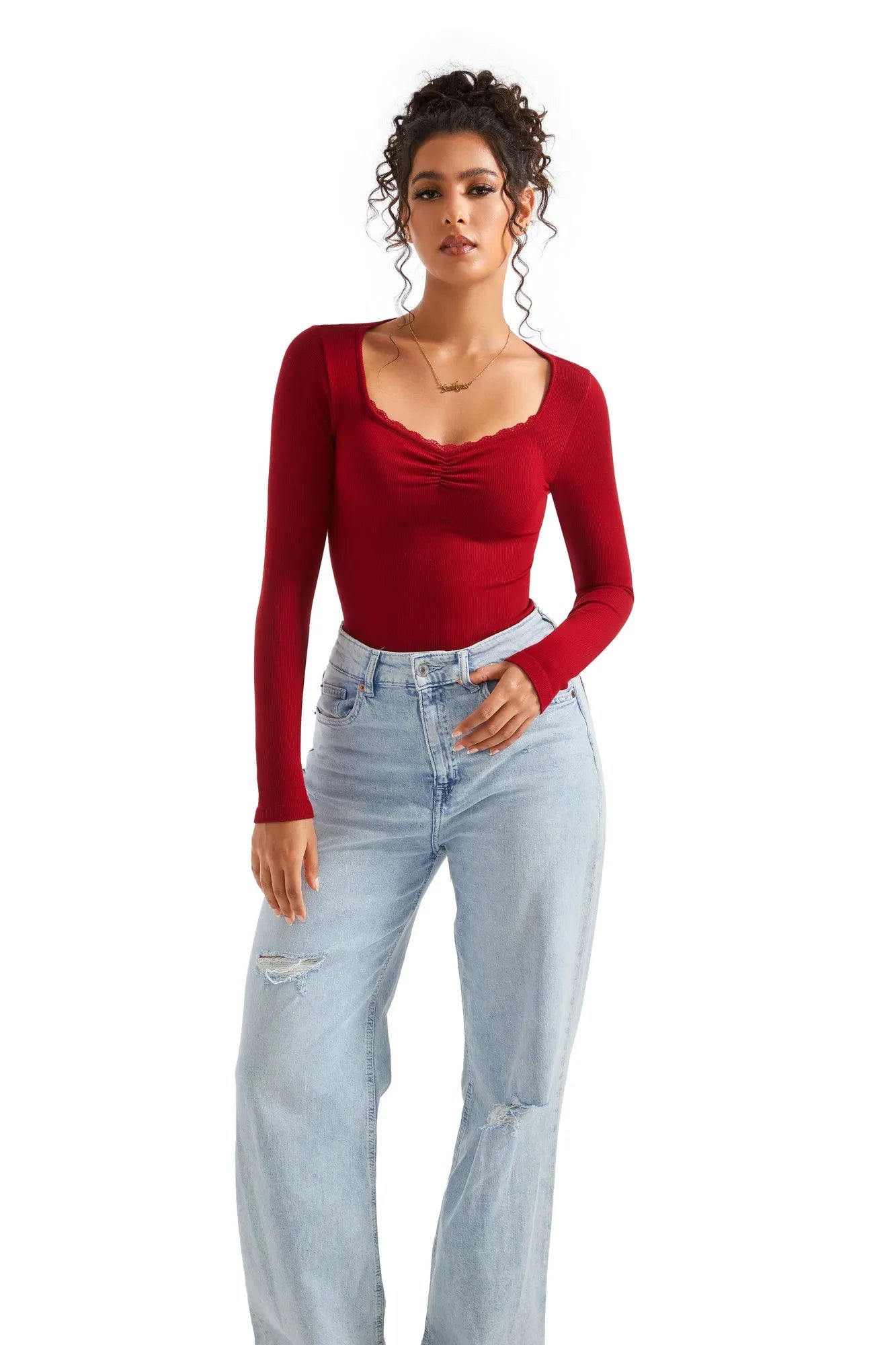 Ribbed Lace V Neck Shirt - Long Sleeve