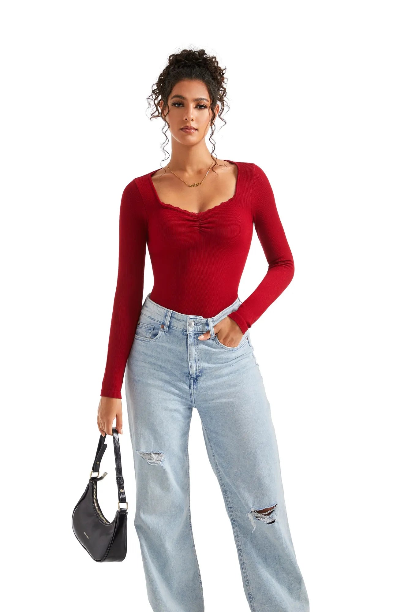 Ribbed Lace V Neck Shirt - Long Sleeve