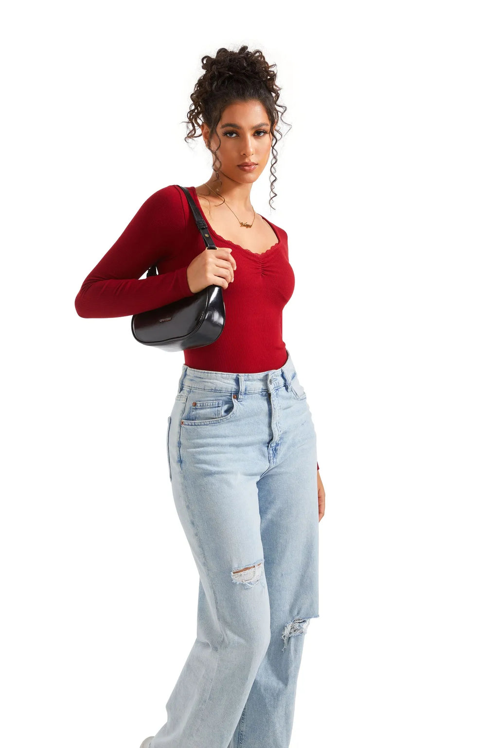 Ribbed Lace V Neck Shirt - Long Sleeve