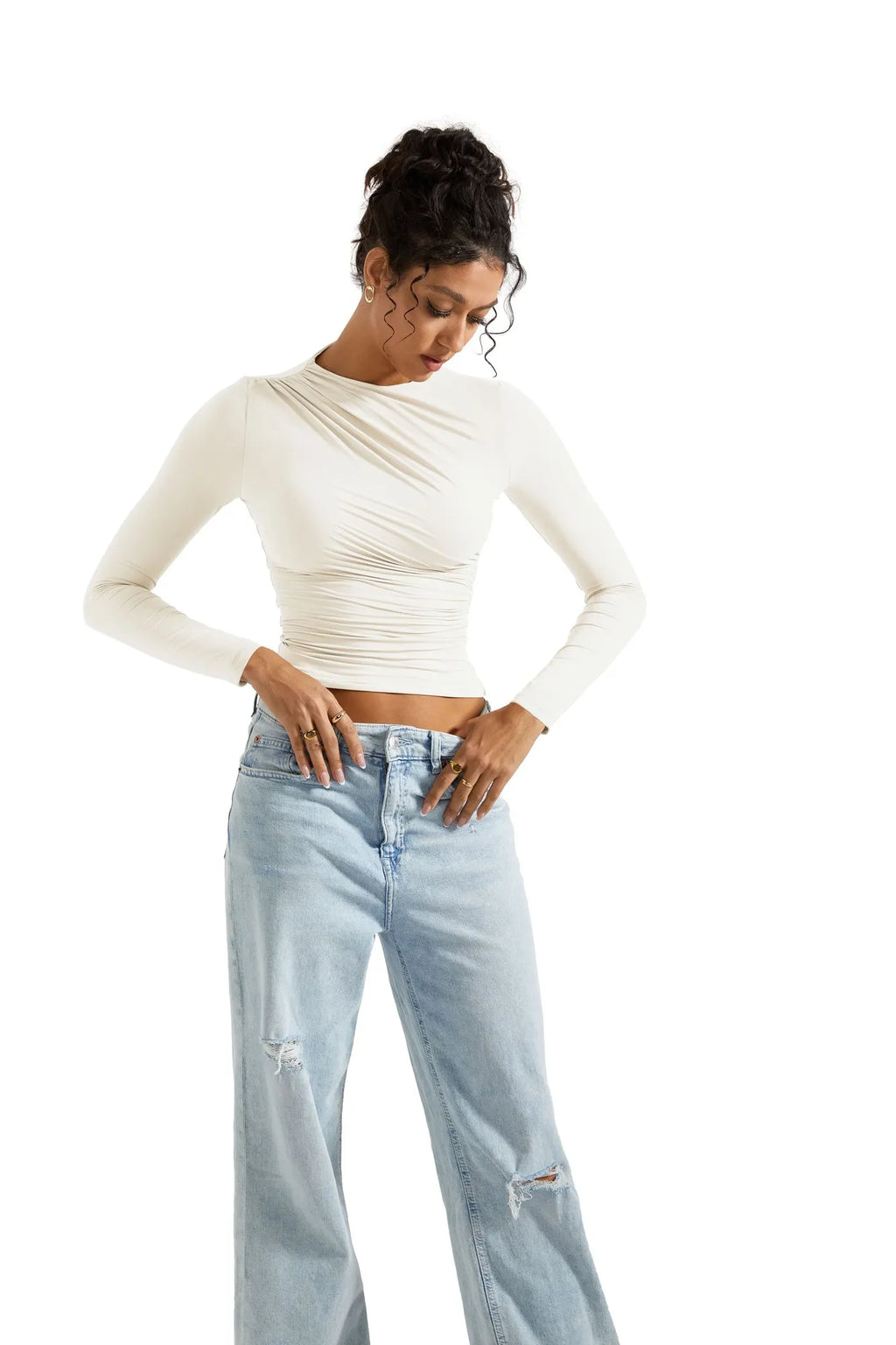 Buttery Soft Ruched Neck Shirt - Long Sleeve