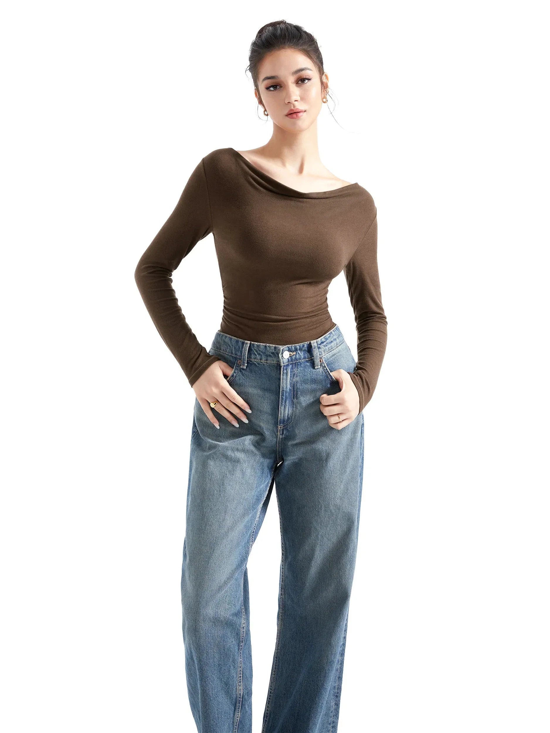 Off Shoulder Cowl Neck Shirt - Long Sleeve