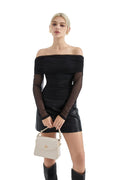 Mesh Off Shoulder Ruched Shirt - Long Sleeve
