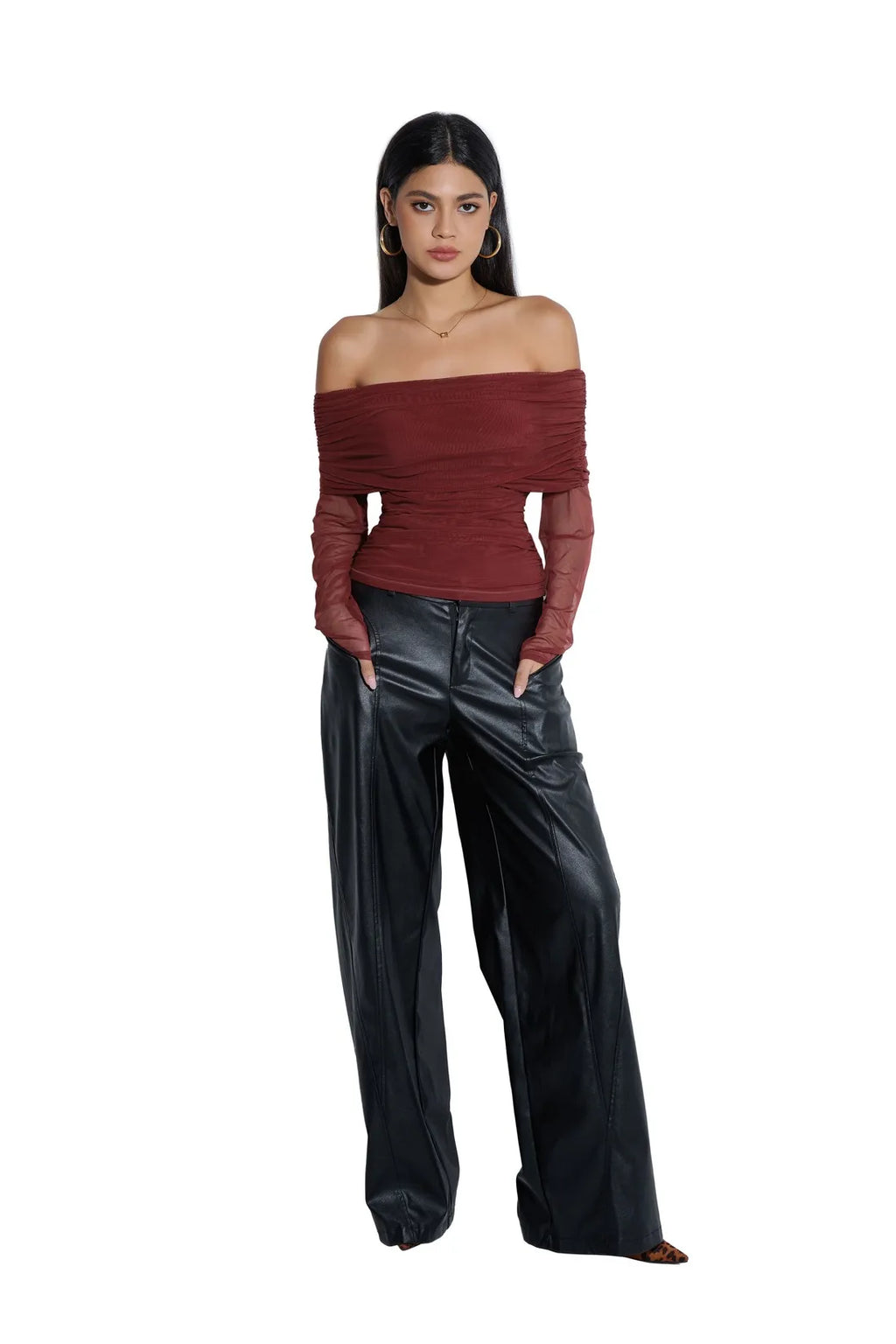 Mesh Off Shoulder Ruched Shirt - Long Sleeve