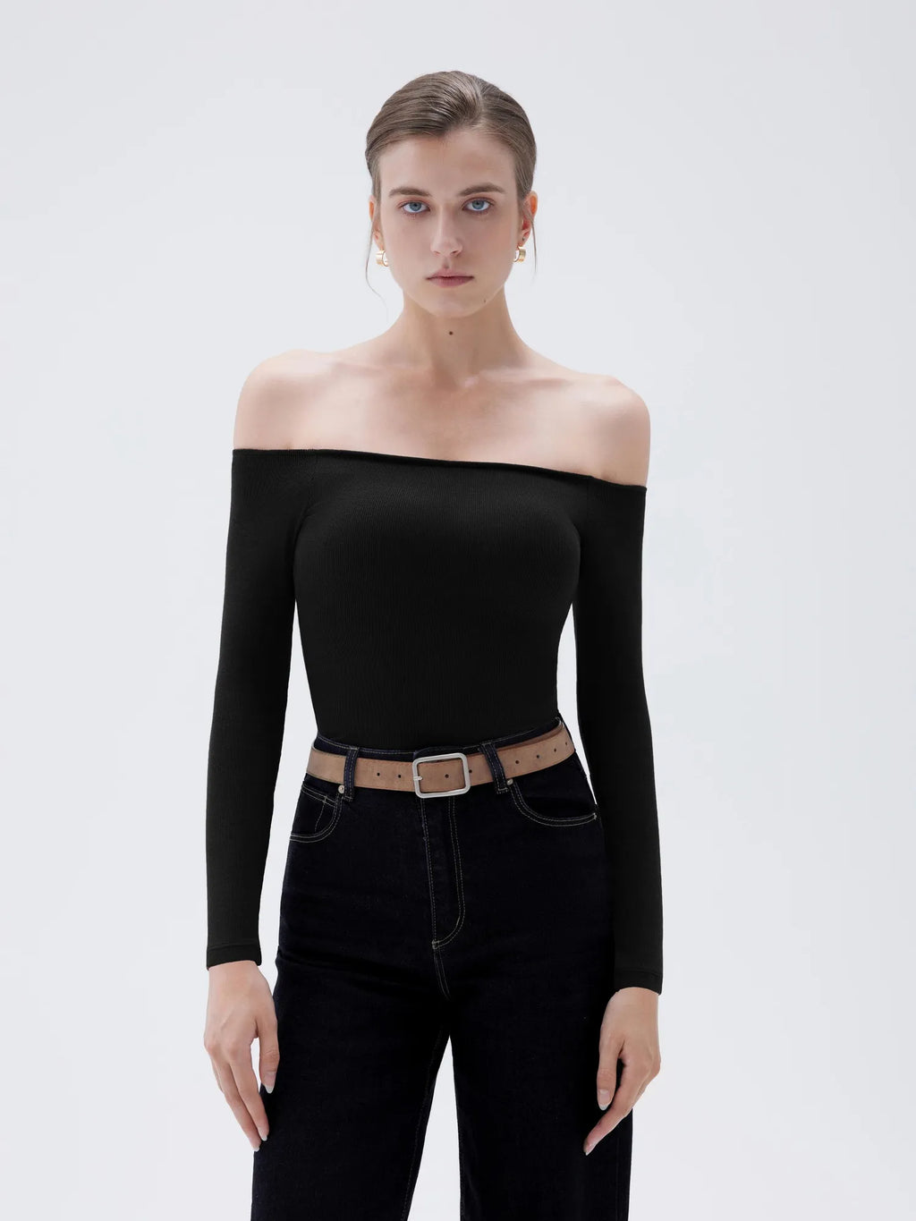 Ribbed Padded Off Shoulder Shirt - Long Sleeve