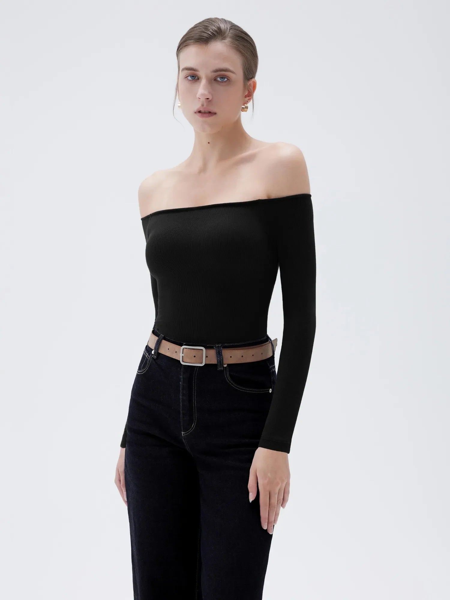 Ribbed Padded Off Shoulder Shirt - Long Sleeve
