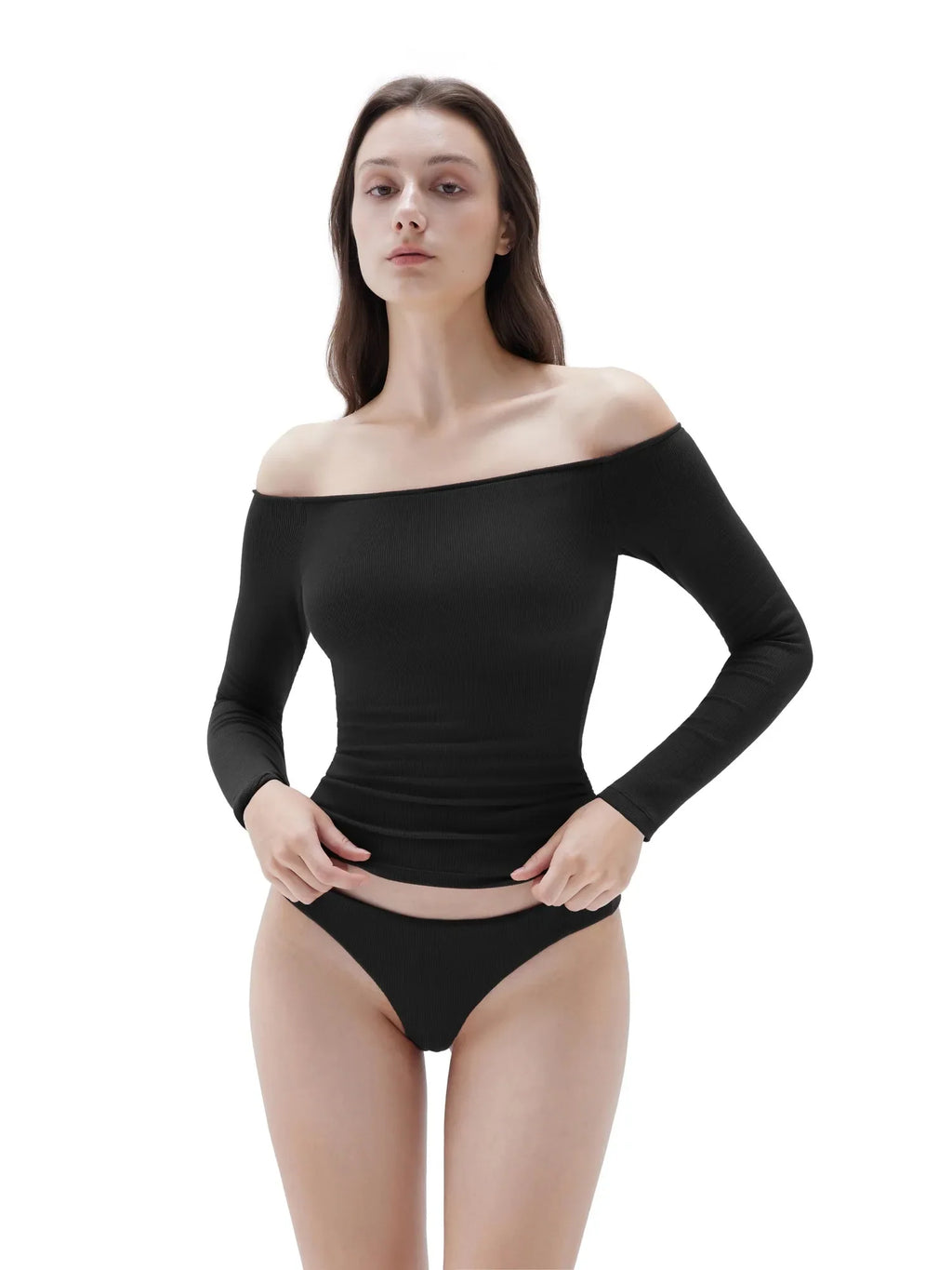 Ribbed Padded Off Shoulder Shirt - Long Sleeve