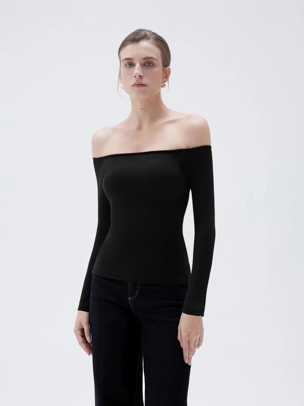 Ribbed Padded Off Shoulder Shirt - Long Sleeve
