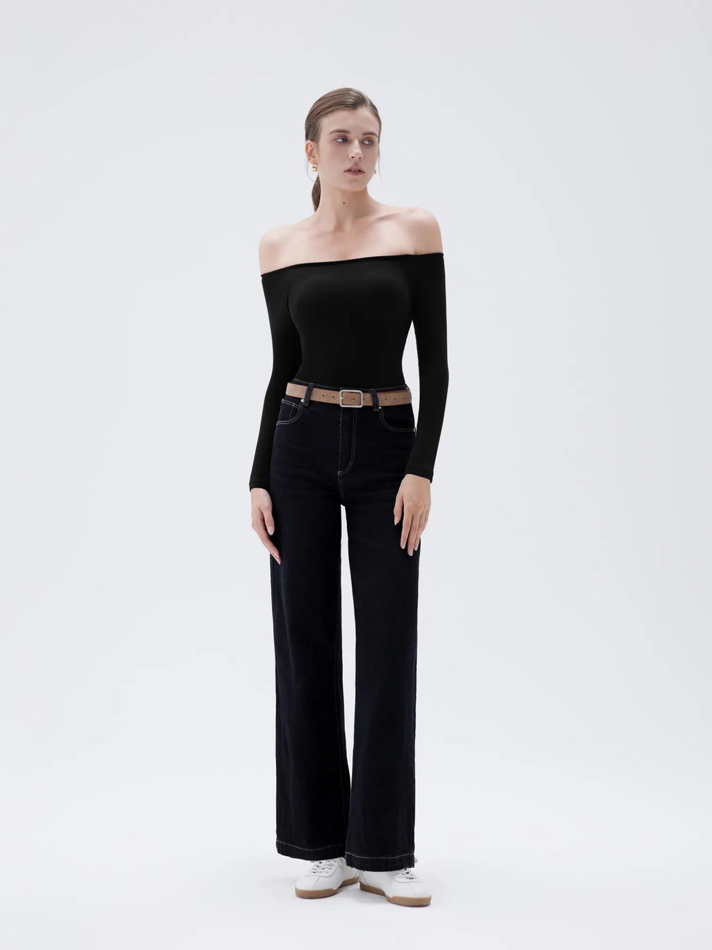 Ribbed Padded Off Shoulder Shirt - Long Sleeve