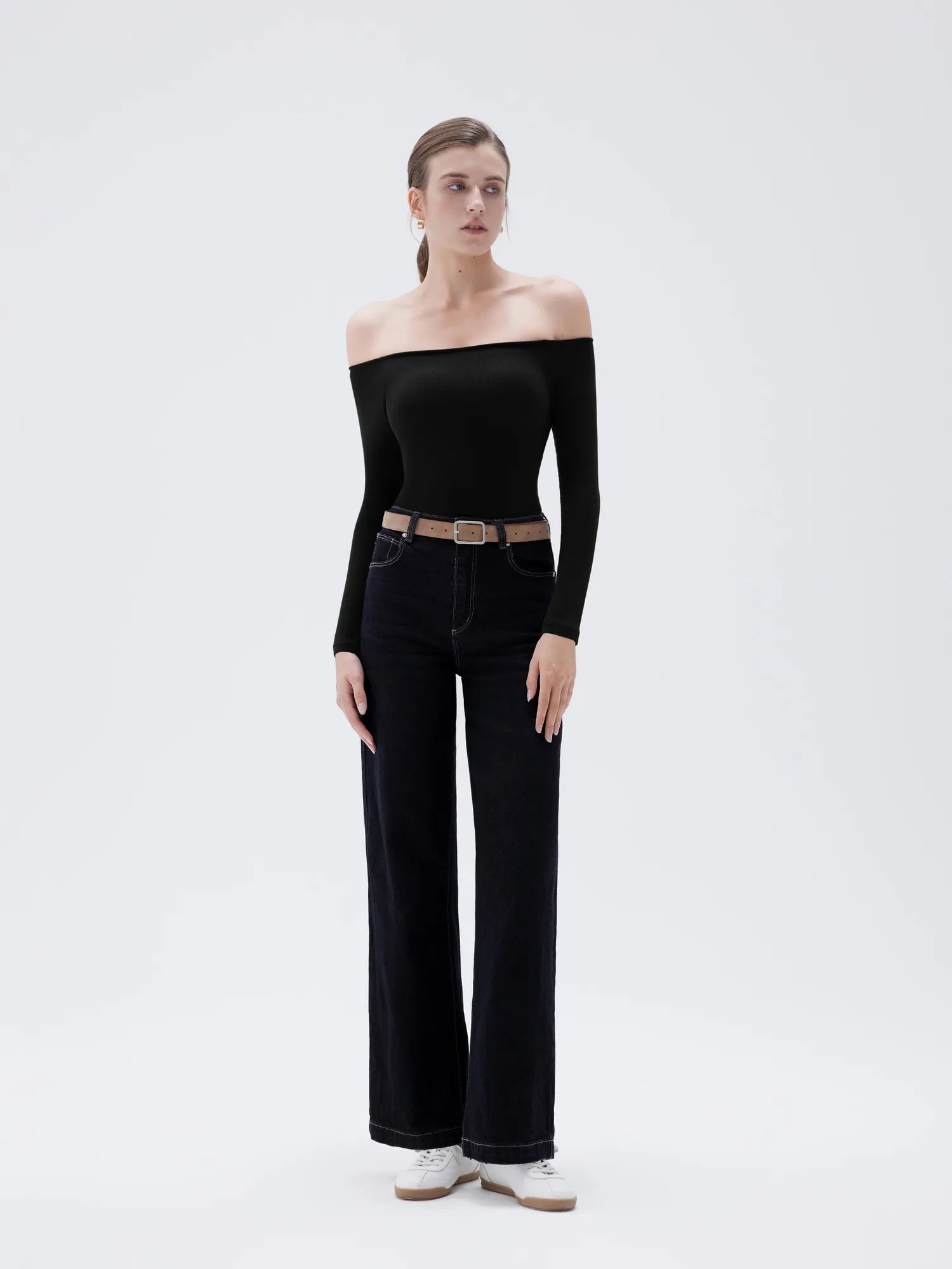 Ribbed Padded Off Shoulder Shirt - Long Sleeve