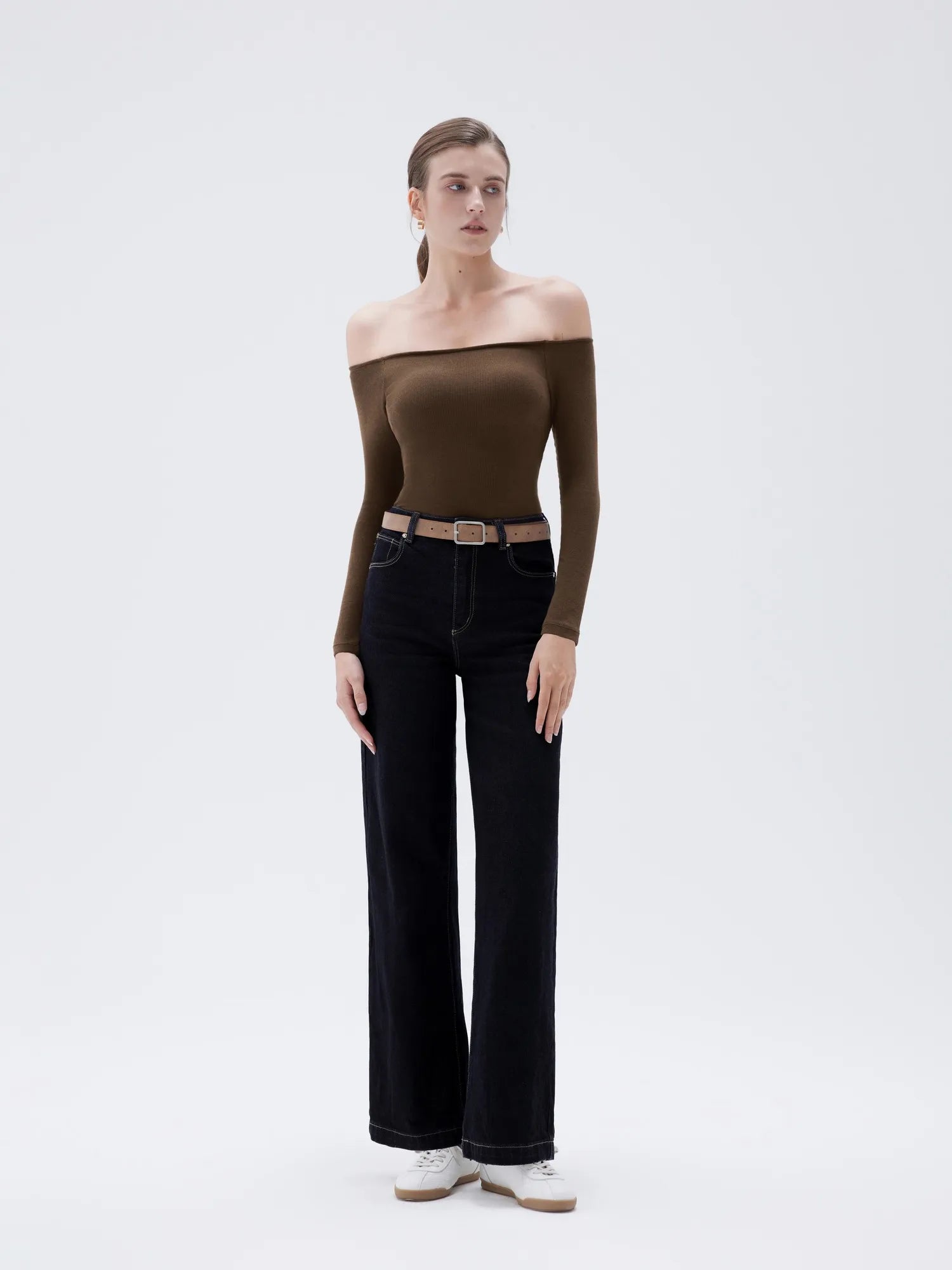 Ribbed Padded Off Shoulder Shirt - Long Sleeve