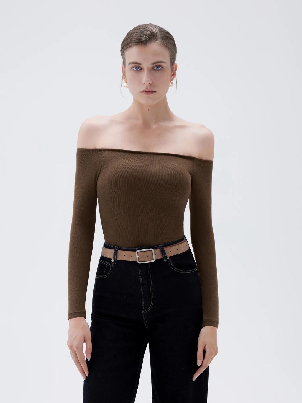 Ribbed Padded Off Shoulder Shirt - Long Sleeve