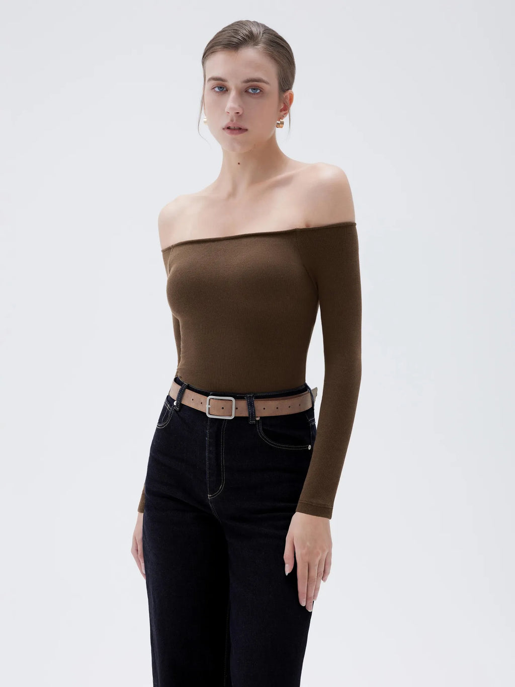 Ribbed Padded Off Shoulder Shirt - Long Sleeve