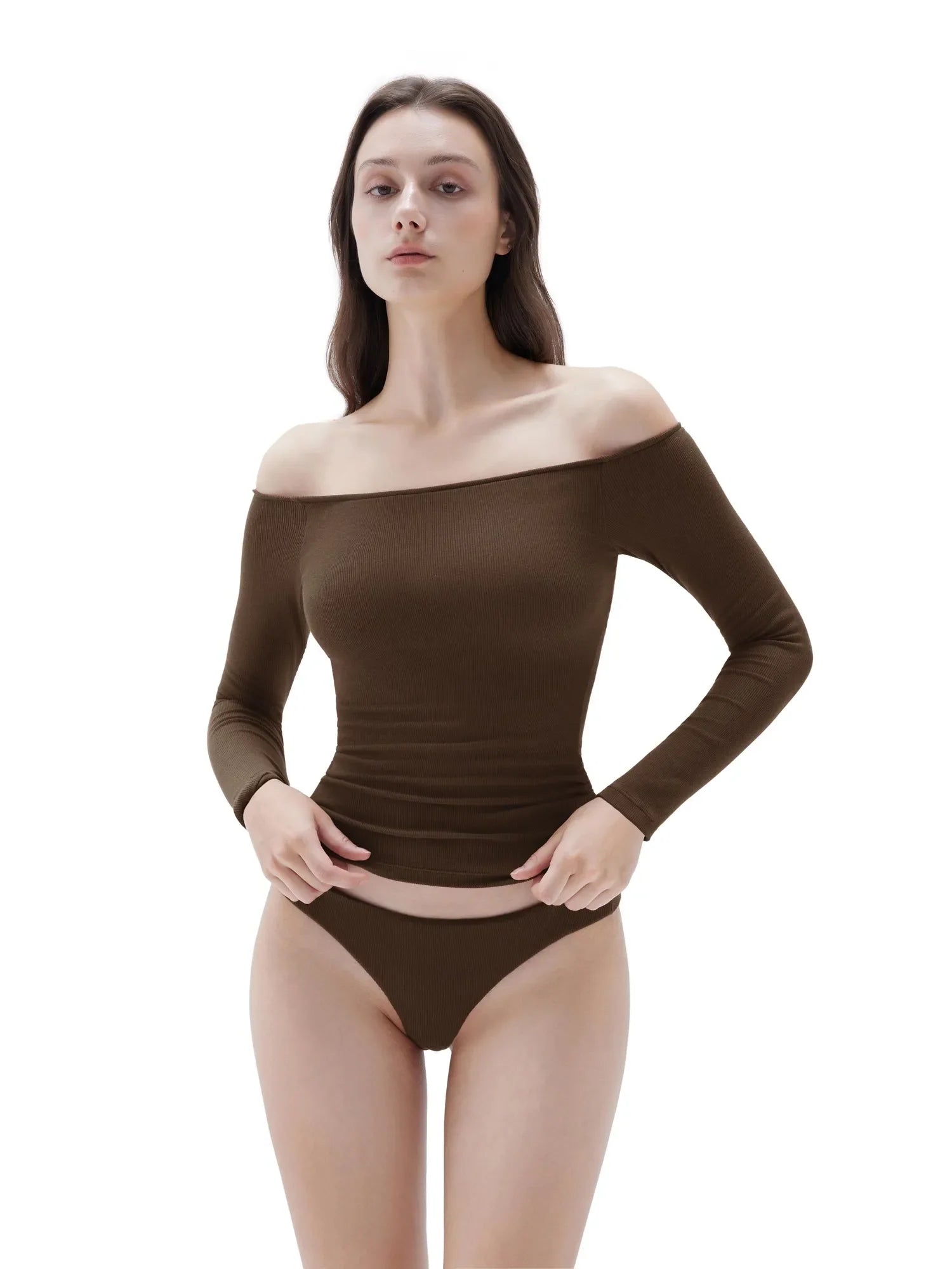 Ribbed Padded Off Shoulder Shirt - Long Sleeve