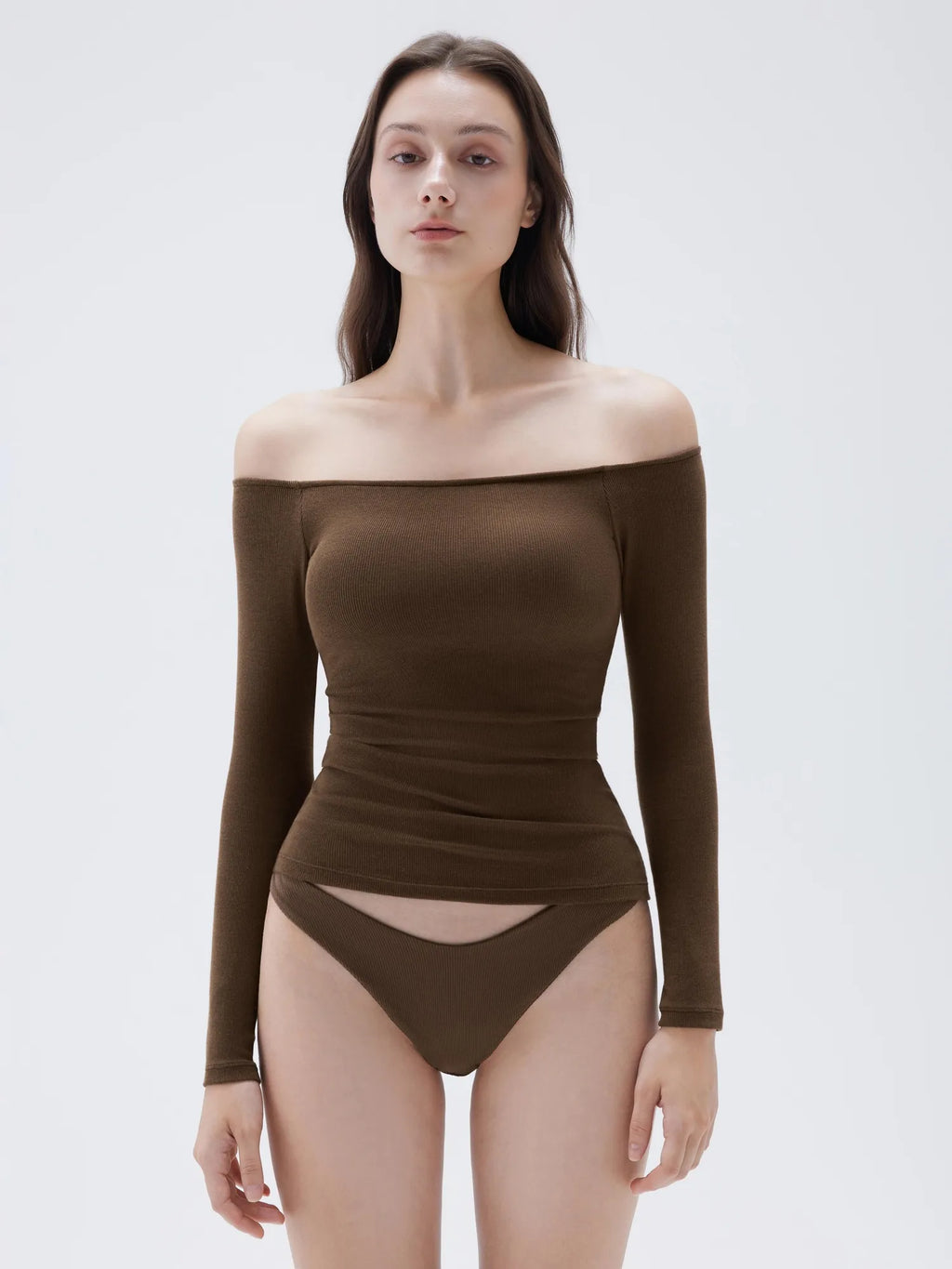 Ribbed Padded Off Shoulder Shirt - Long Sleeve