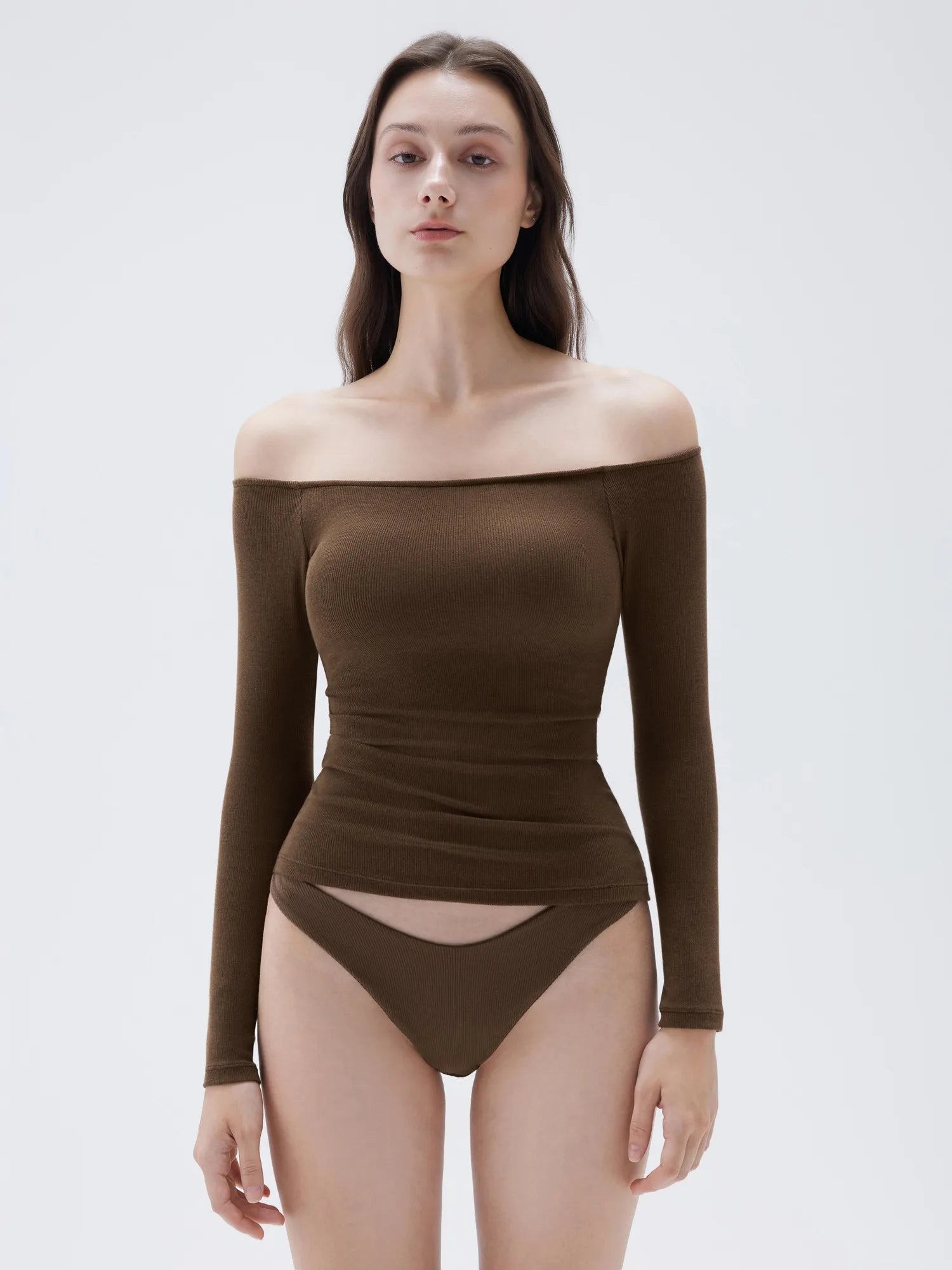Ribbed Padded Off Shoulder Shirt - Long Sleeve
