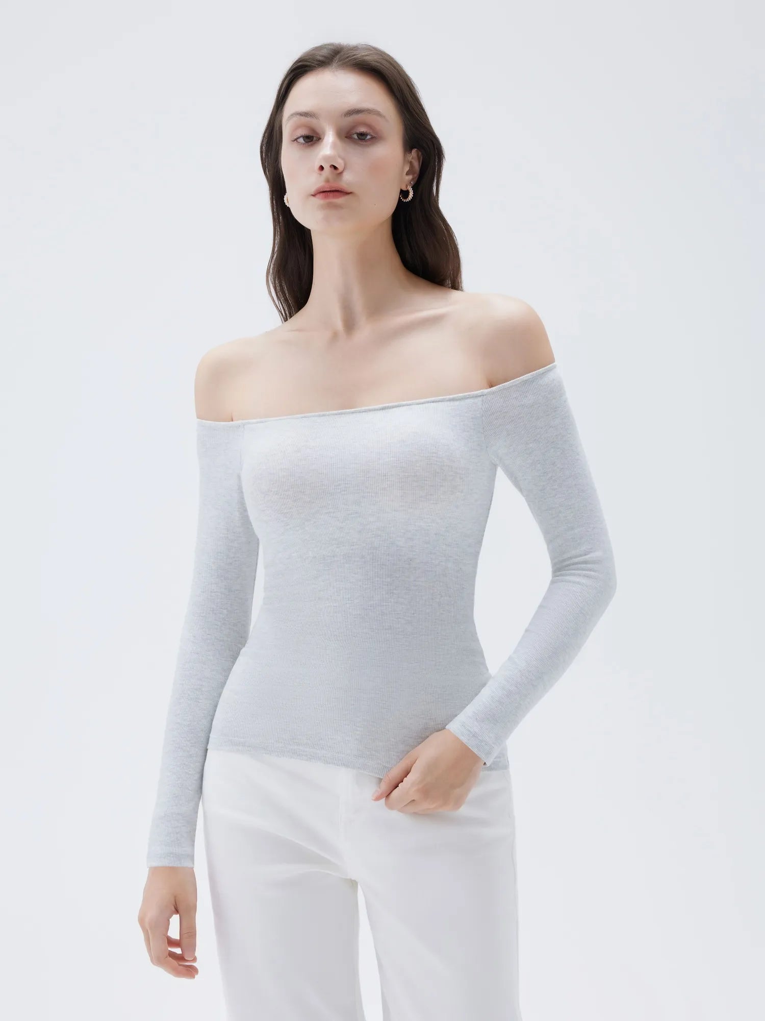 Ribbed Padded Off Shoulder Shirt - Long Sleeve